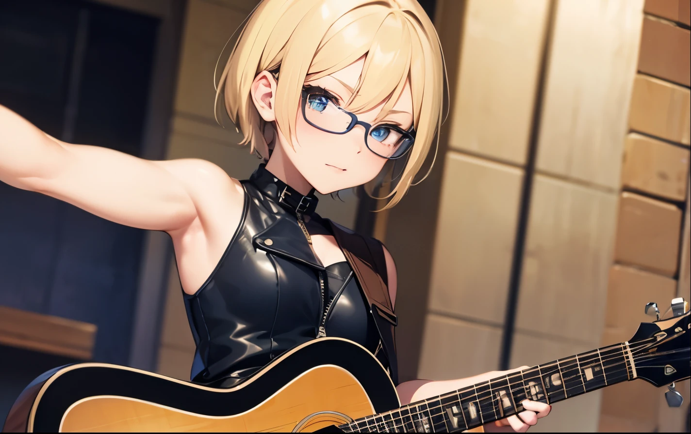 High resolution, 2D anime style,,blue eyes beautiful eyes,high and beautiful nose,thin face,blonde boyish short hair,Cool adult woman,Chest is slightly larger,she looks very happy,biting one's lips, she was very angry, she wears glasses,she narrows her eyes,Punk fashion that shows cleavage,she is wearing a leather jacket and shorts.,have a guitar,I'm playing guitar,In the studio