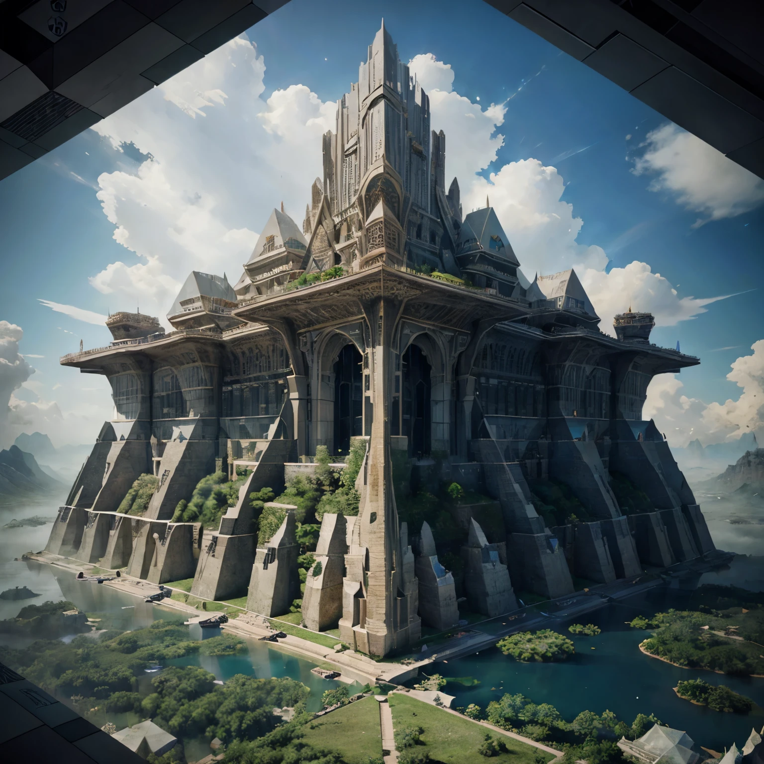 Imagine a world suspended among the clouds, with floating cities and celestial waterfalls, Beautiful Big Castle in the middle.
 (highly epic detailed geometric futuristic:1.5), centered, middle of an Insanely colorful epic realistic, (centered with the frame:1.4), prismatic. grid, triangles, fractal, elemental fusion,  (gold:0.9), (chromium:0.9)