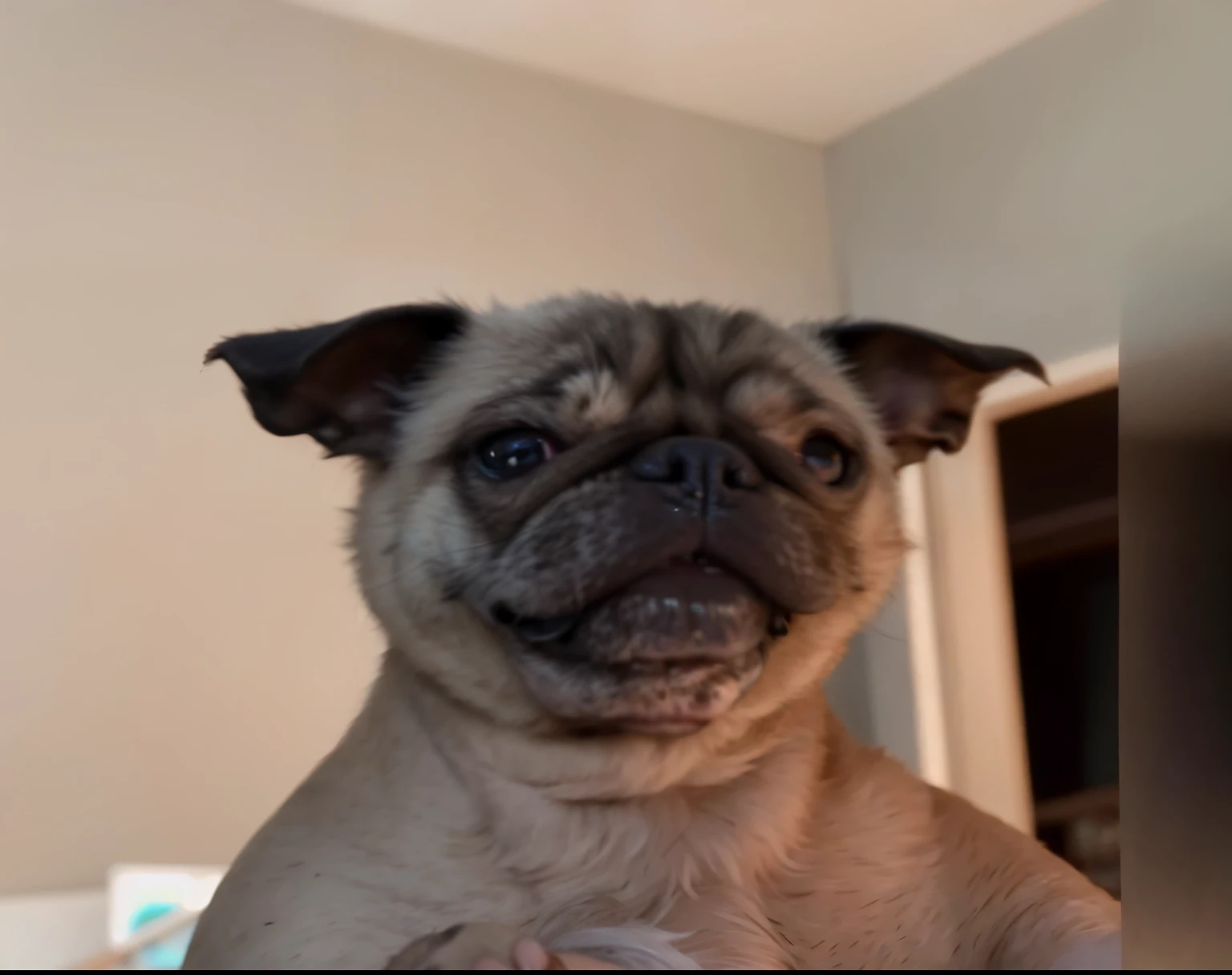 close-up of a dog with a very large head, pug, Evil Pug, the dog looks like an elephant, short hair on top of the head, Selfie dog, he has no nose, transforming dog head, looks straight into the camera, emaciated shaved face, huge chin, cute stupid face, Very ugly face