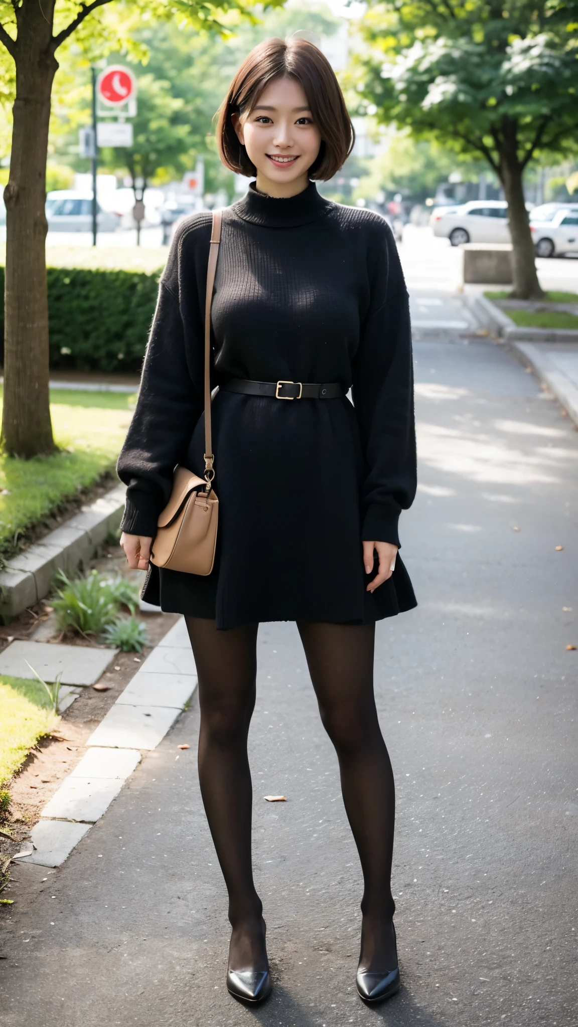 ulzzang-6500-v1.1, (RAW photo:1.2), (Photoreal), beautiful details, (genuine: 1.4), A naive 33 year old wife、(Wearing a knit dress that clearly shows off your body line)、(super realistic pantyhose:1.3)、thighs thighs thighs、squatting in the park、Height 156 cm, A little chubby body type、japanese model, short layered hair、laughter、smile、japanese girl, neat japanese woman, japanese goddess, innocence、huge file size, High resolution, very detailed, highest quality, [masterpiece:1.6], enlightenment, very detailed, nffsw, finely, highest quality, 8k wallpaper, movie lighting,  cute droopy eyes beautiful big eyes、((muste piece)), highest quality, 1 milf, eye shadow, portrait, (((full body shot:1.3)))、((とても愛情深いsmile:1.2))、((very long legs:1.3)),(elegant brown hair:1.4)),((Short hairstyle:1.4)), 　shiny skin、exposed thighs!!!、
