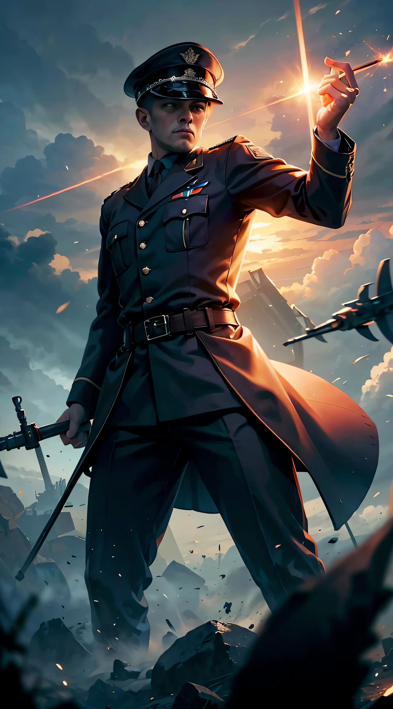 Grandfather holding long bow, ww2 Nazi black suits, general Nazi ww2 hats, soldiers in the background,red blood element,hd light and dark, balance rendering, HD lighting and dark )<=(epic image quality)dark atmosphere with bright particle light(many effects in background)