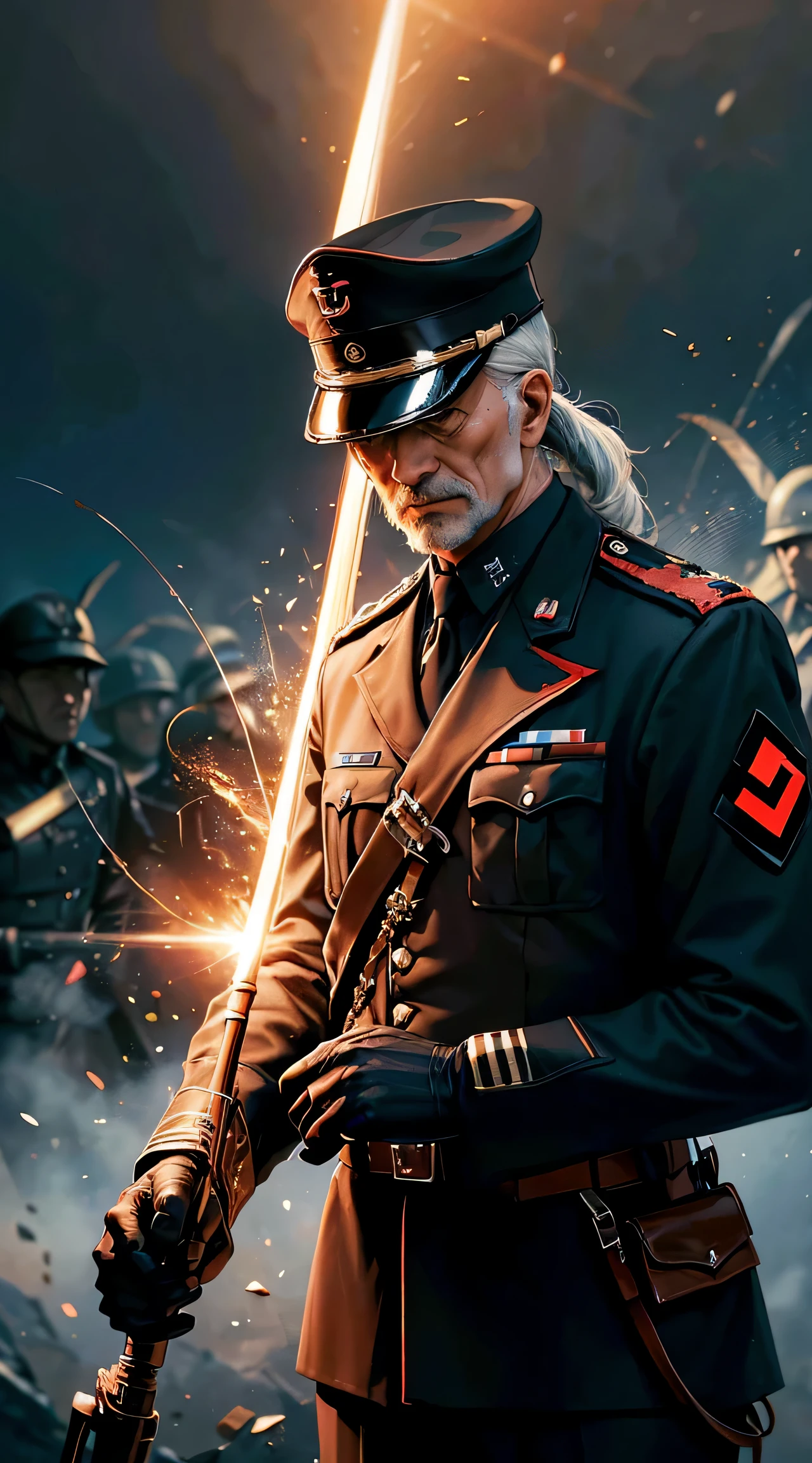 Grandfather holding long bow, ww2 Nazi black suits, general Nazi ww2 hats, soldiers in the background,red blood element,hd light and dark, balance rendering, HD lighting and dark )<=(epic image quality)dark atmosphere with bright particle light(many effects in background) ปืนอาก้า