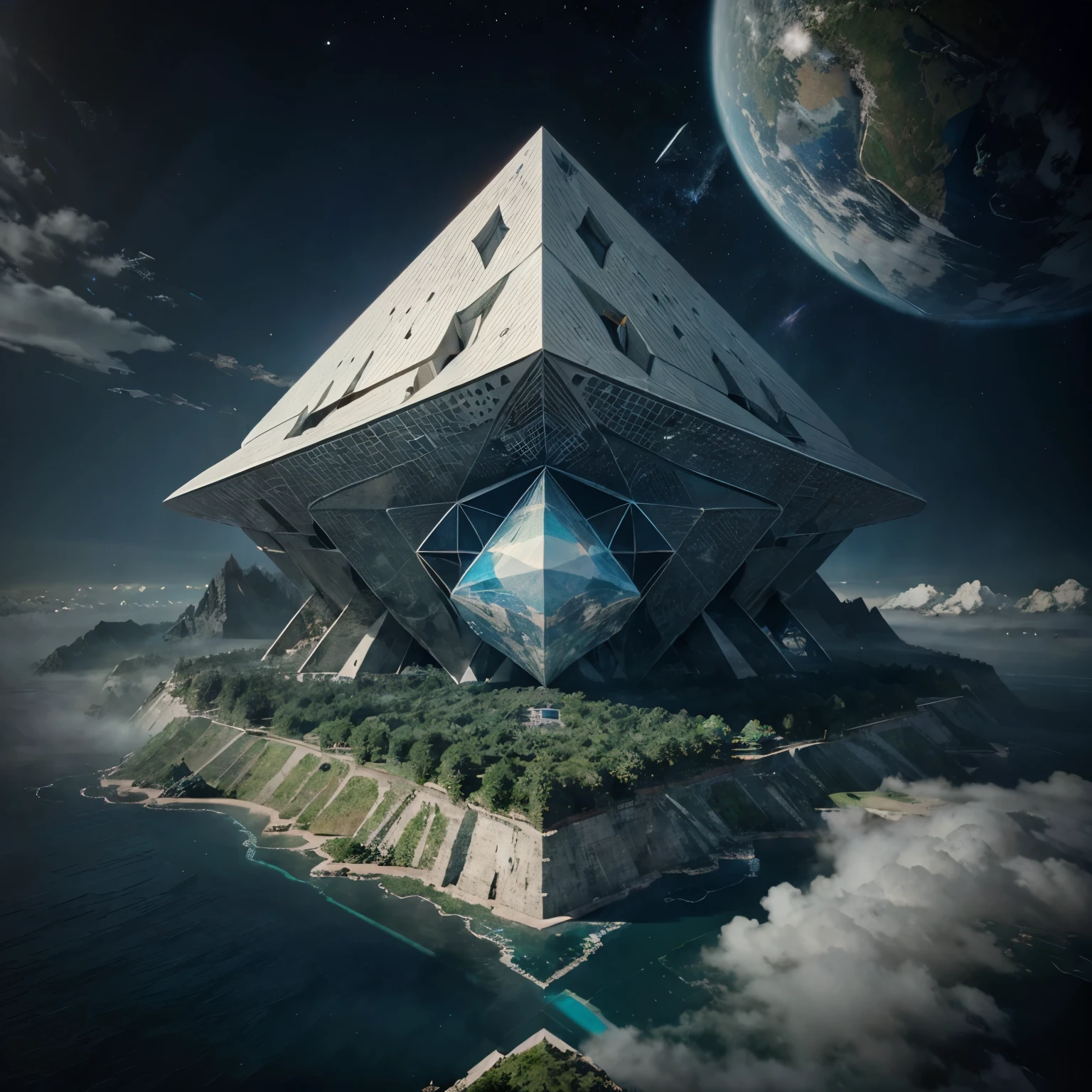 Imagine a world suspended among the clouds, with floating cities and celestial waterfalls, Beautiful Big Castle in the middle.
 (highly epic detailed geometric futuristic:1.5), centered, middle of an Insanely colorful epic realistic, (centered with the frame:1.4), prismatic. grid, triangles, fractal, elemental fusion,  (gold:0.9), (chromium:0.9)
