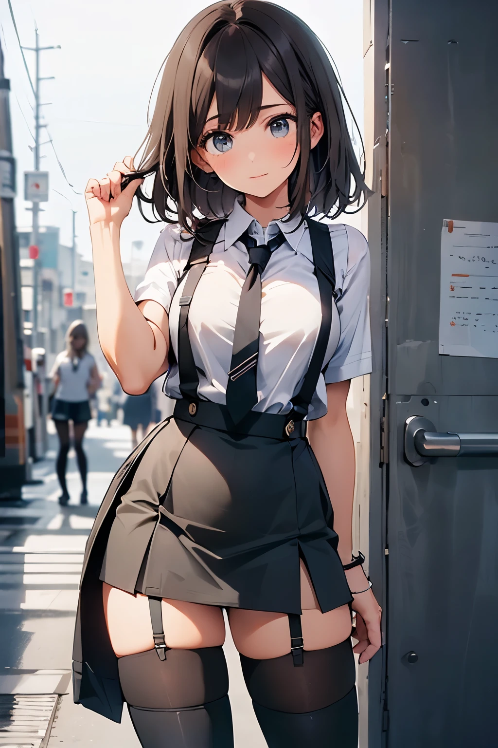 brown hair、looking at the viewer　　suspenders　　　Bulging big breasts　　 　 　　　　Black miniskirt　garter belt　knee high socks　　　　　　Gaze　　　small face　bangs 　　　　　Beauty　　hands up　　 　Gaze 　black boots 　provocation　　armpit sweat　one person 　　put your hands behind your back　cutter shirt　　Panty shot　ginka