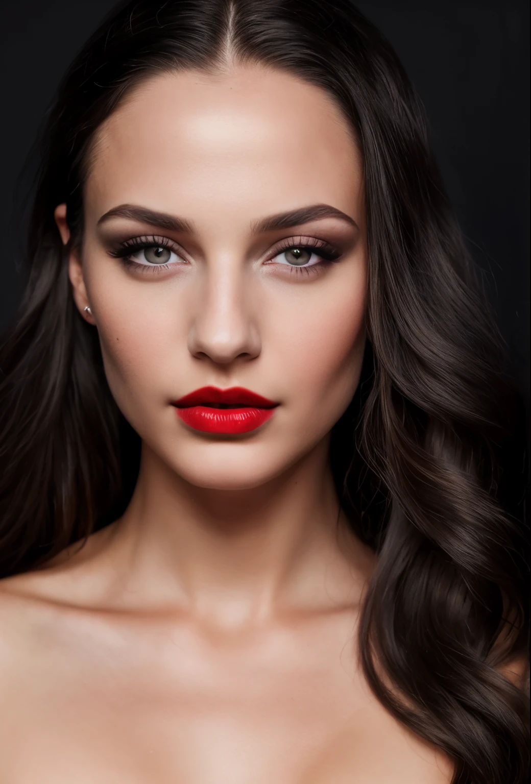 1 girl,Black background,forehead,Grey eyes,lips,long hair,Looking at the viewer,draw up,a mole,nose,portrait,Realistic,red lips,raw photo,8K,Realistic skin details,Realistic hair details,Perfect skin,8K uhd,SLR camera,High quality,