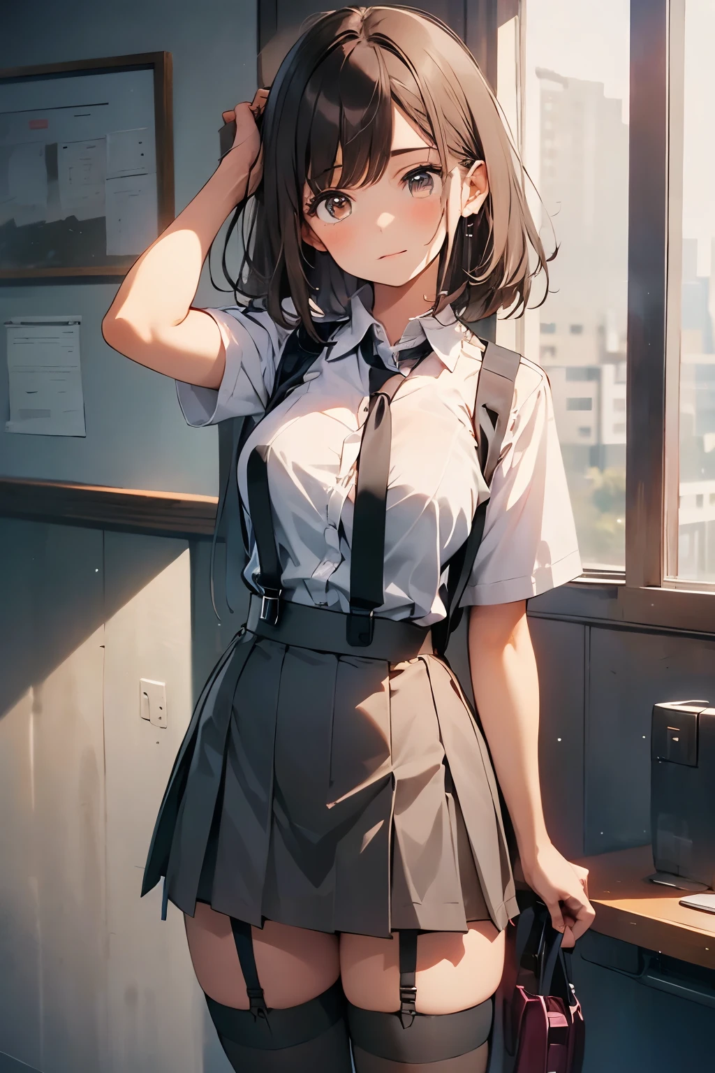 brown hair、looking at the viewer　　suspenders　　　Bulging big breasts　　 　 　　　　Black miniskirt　garter belt　knee high socks　　　　　　Gaze　　　small face　bangs 　　　　　Beauty　　hands up　　 　Gaze 　black boots 　provocation　　armpit sweat　one person 　　put your hands behind your back　cutter shirt　　Panty shot　ginka