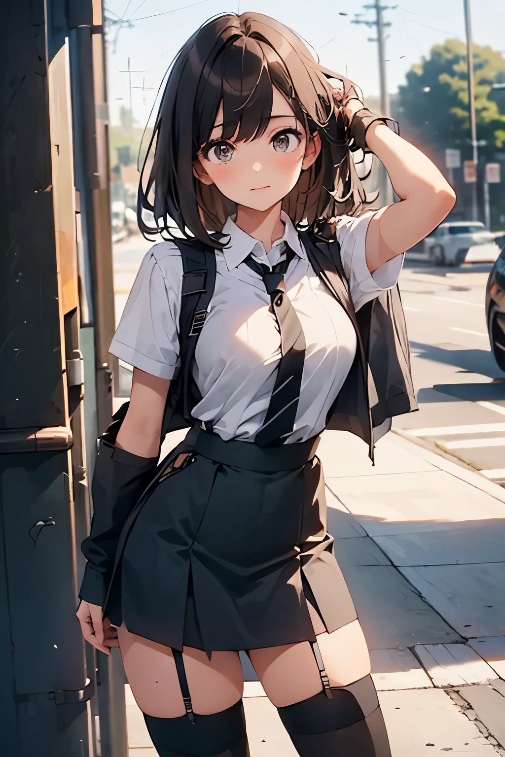 brown hair、looking at the viewer suspenders Bulging big breasts Black miniskirt garter belt knee high socks Gaze small face bangs Beauty hands up Gaze black boots provocation armpit sweat one person put your hands behind your back cutter shirt Panty shot ginka