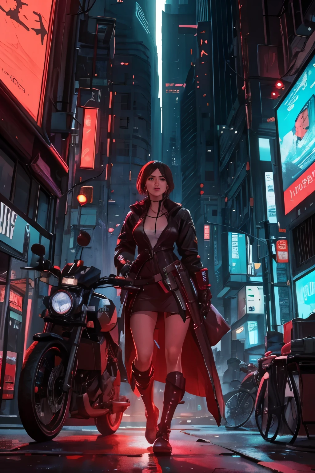 Theme: "A scene of hope in a futuristic cyberpunk world"
Style: "Realistic with a serious atmosphere"
Elements: "A woman with a lingering innocence, a city skyline, and a futuristic bike, bathed in red, are the key components of this image."
Technical Requirements: "Flexible resolution and aspect ratio"
For your personal hobby, let's create a breathtaking, realistic scene of hope set in a futuristic cyberpunk world. This image will be dominated by the serious atmosphere of a neon-lit, dystopian metropolis. At its heart lies a female figure, exuding innocence