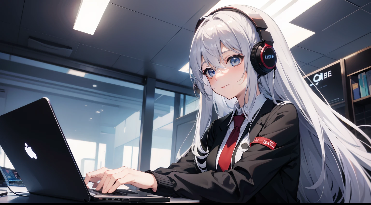 Anime girl wearing headphones sitting at laptop table, business suit:1.3、silver hair、semi long hair、commend-girl, a smile、commend artstyle, commend art, commend vibes, commend feel, adult lady、25 years old、commend hip hop, commend, Relax, commend girl aesthetic, commend portrait, Lofe Vibe, commend color, anime atmosphere, The aesthetics of the commend