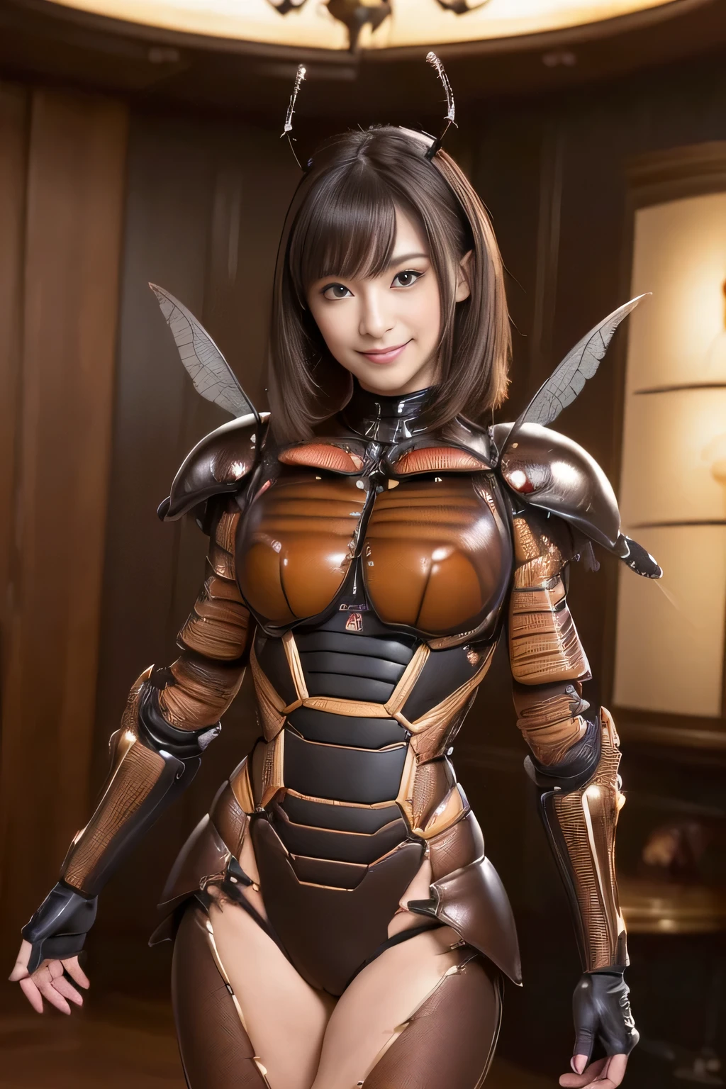 (High resolution,masterpiece,highest quality,Very detailed CG, anime, official art:1.4), realistic, photograph, amazing detail, all complicated, luster and luster,great many layers, 8k wallpaper, 3D, sketch, cute, figure,( alone:1.4), perfect female proportions,villain's daughter, (Fusion of dark brown cockroach and lady:1.4), (brown cockroach form lady:1.2), (brown cockroach woman:1.2), (Fusion:1.2), (alone:1.4), (evil smile:1.2), muscular, abs, (Cockroach brown exoskeleton bio insect suit:1.4), (Cockroach brown exoskeleton bio insect armor:1.2), (brown transparent cockroach feathers:1.4), (brown cockroach antenna:1.3),