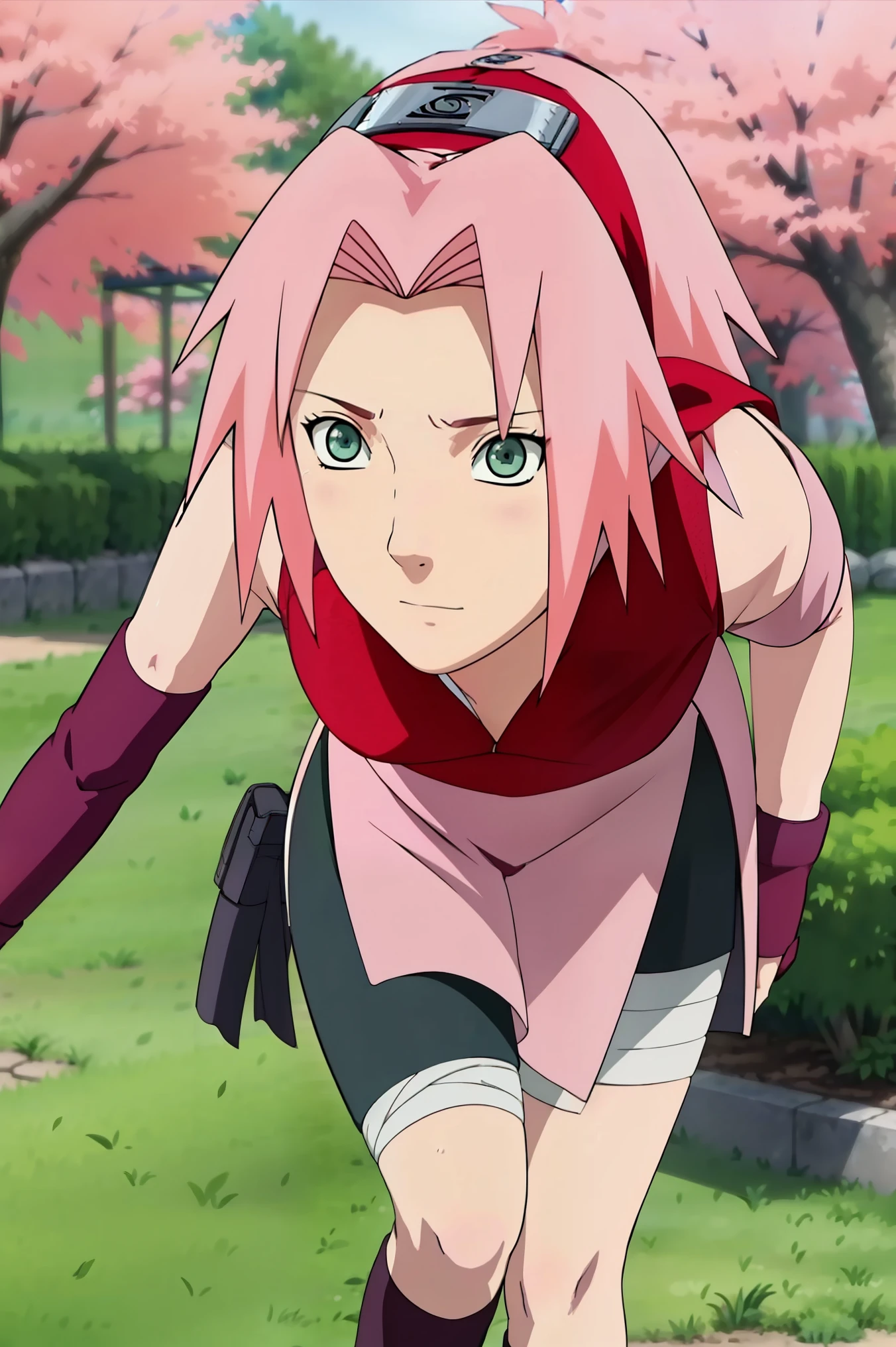 High-quality, ultra-detailed, realistic artwork of a scene from "Sakura Shippuden" with vivid colors, perfect for 4K or 8K resolutions. The scene depicts Sakura Haruno, a young woman, standing gracefully in a garden surrounded by blooming sakura (cherry blossom) trees. She is wearing a red jacket embroidered with the symbol of Konohagakure, the Hidden Leaf Village. Her leg is bandaged, indicating a recent injury. Sakura is wearing a short skirt and toeless footwear, emphasizing her femininity and agility. Sakura has shoulder-length bangs that softly frame her face, revealing her beautiful, green eyes. Her face is adorned with a forehead protector, which bears the Konohagakure symbol, signifying her allegiance to her village. The artwork showcases Sakura's attention to detail, including her long eyelashes, detailed lips, and delicate features, capturing her determination and inner strength. The lighting in the scene is soft and warm, casting a gentle glow on the petals of the sakura blossoms. The vibrant colors of the cherry blossoms contrast against Sakura's black short sleeves and gloves, adding depth to the composition. The overall color scheme leans towards pastel tones, enhancing the serene and tranquil atmosphere of the garden. This masterpiece artwork aims to capture the essence of Sakura Haruno's character, portraying her as a confident, skilled kunoichi amidst the delicate beauty of the sakura garden. The attention to detail, vibrant colors, and realistic rendering will bring this scene to life, evoking the spirit of "Sakura Shippuden" in a visually stunning
