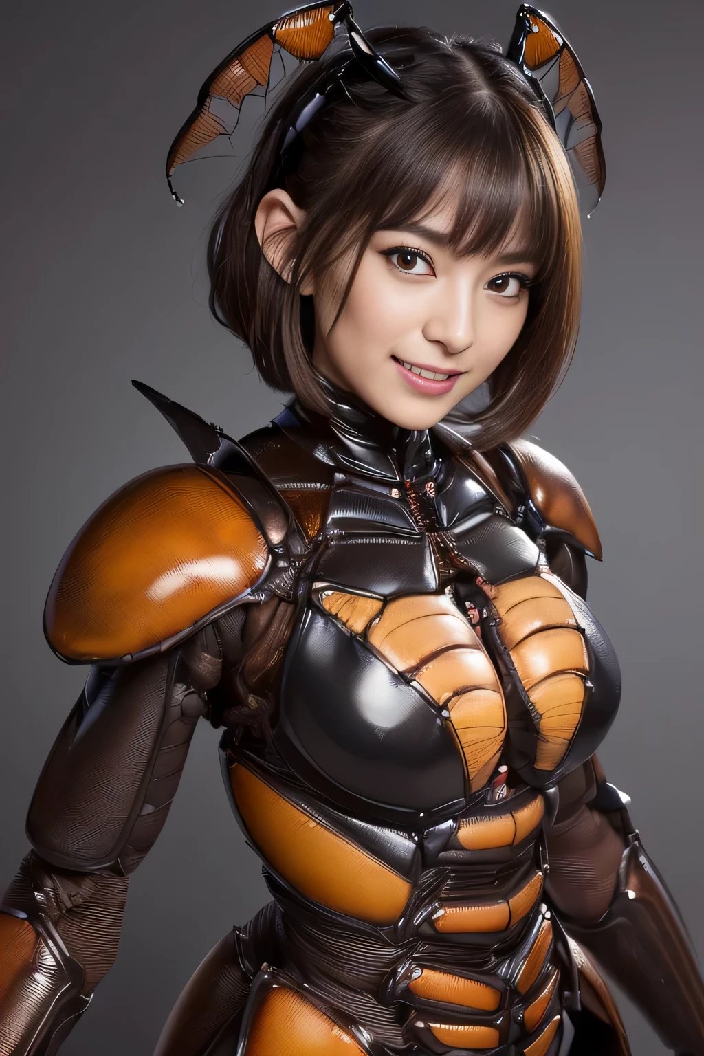 (High resolution,masterpiece,highest quality,Very detailed CG, anime, official art:1.4), realistic, photograph, amazing detail, all complicated, luster and luster,great many layers, 8k wallpaper, 3D, sketch, cute, figure,( alone:1.4), perfect female proportions,villain&#39;s daughter, (Fusion of dark brown cockroach and lady:1.4), (brown cockroach form lady:1.2), (brown cockroach woman:1.2), (Fusion:1.2), (alone:1.4), (evil smile:1.2), muscular, abs, (Cockroach brown exoskeleton bio insect suit:1.4), (Cockroach brown exoskeleton bio insect armor:1.2), (brown transparent cockroach feathers:1.4), (brown cockroach antenna:1.3),