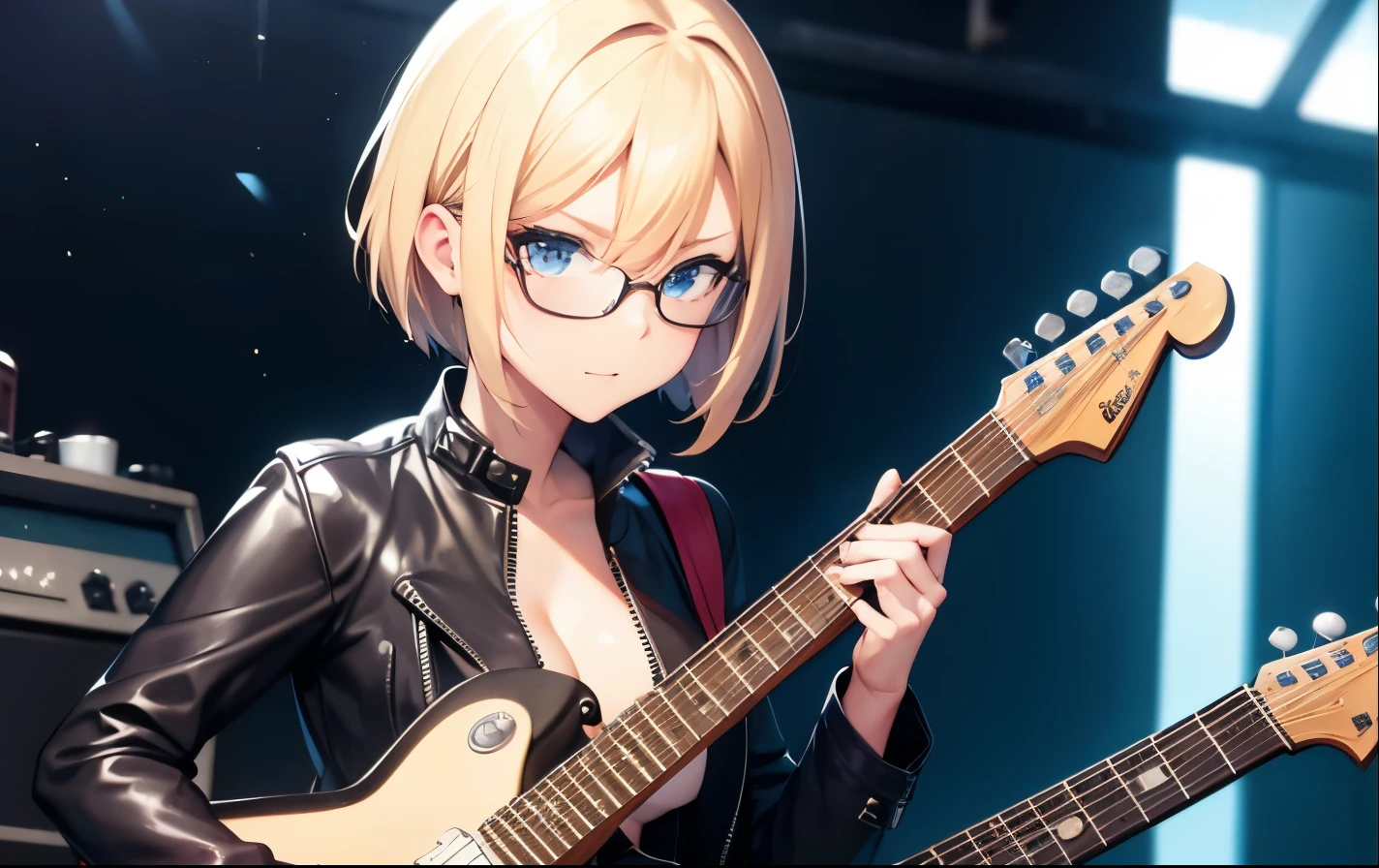 High resolution, 2D anime style,,blue eyes beautiful eyes,high and beautiful nose,thin face,blonde boyish short hair,Cool adult woman,chest is a little big,She looks very happy,bite&#39;lips, she was very angry, she wears glasses,she narrows her eyes,Punk fashion that shows cleavage,she is wearing a leather jacket and shorts.,have a guitar,i play the guitar,sing,Inside the studio
