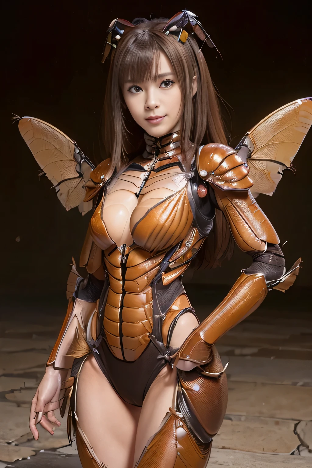 (High resolution,masterpiece,highest quality,Very detailed CG, anime, official art:1.4), realistic, photograph, amazing detail, all complicated, luster and luster,great many layers, 8k wallpaper, 3D, sketch, cute, figure,( alone:1.4), perfect female proportions,villain&#39;s daughter, (Fusion of dark brown cockroach and lady:1.4), (brown cockroach form lady:1.2), (brown cockroach woman:1.2), (Fusion:1.2), (alone:1.4), (evil smile:1.2), muscular, abs, (Cockroach brown exoskeleton bio insect suit:1.4), (Cockroach brown exoskeleton bio insect armor:1.2), (brown transparent cockroach feathers:1.4), (brown cockroach antenna:1.3),