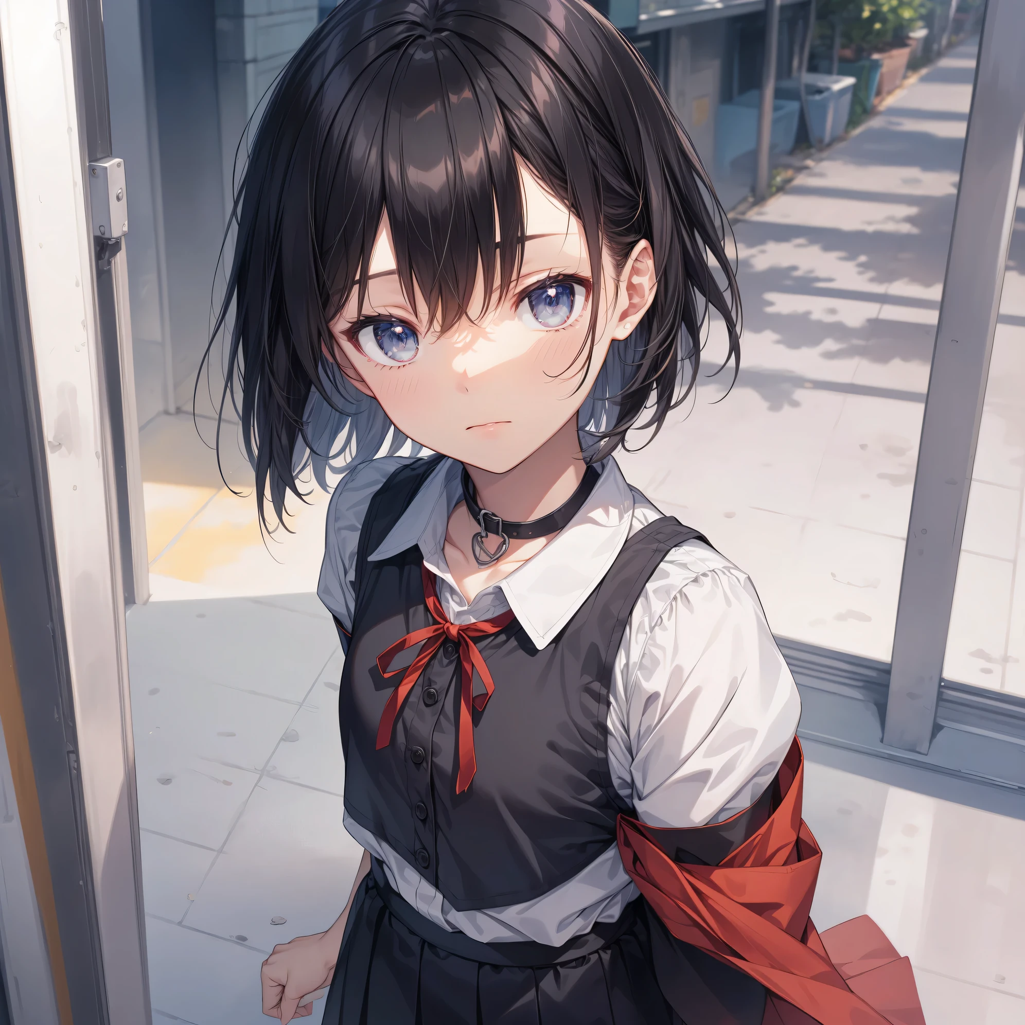 Super high quality by the art god, super detailed, High resolution, anime moe art style, best anime 8K konachan wallpaper, pixiv contest winner, perfect anatomy, break,(眠そうにalone学校へ行く女の子を描いてください. )break, 1 girl, (alone,little woman, lolita, , 13 years old:1.3),All limbs, full finger,, The charm of an immature body, (very short hair), flat chest, small ass, between legs, Small black eyes, beautiful and fine eyes, Well-proportioned iris and pupils, expressive eyes, disgusted eyes, High resolutionの詳細な髪, ribbon, skirt, collared shirt, hair ornaments, neck ribbon, pleated skirt, school uniform, shirt, white shirt, (detailed lighting), (detailed background), On the way to school. break,super dense skin, Best lighting by famous artists, 8K, figure,UHD, rough skin