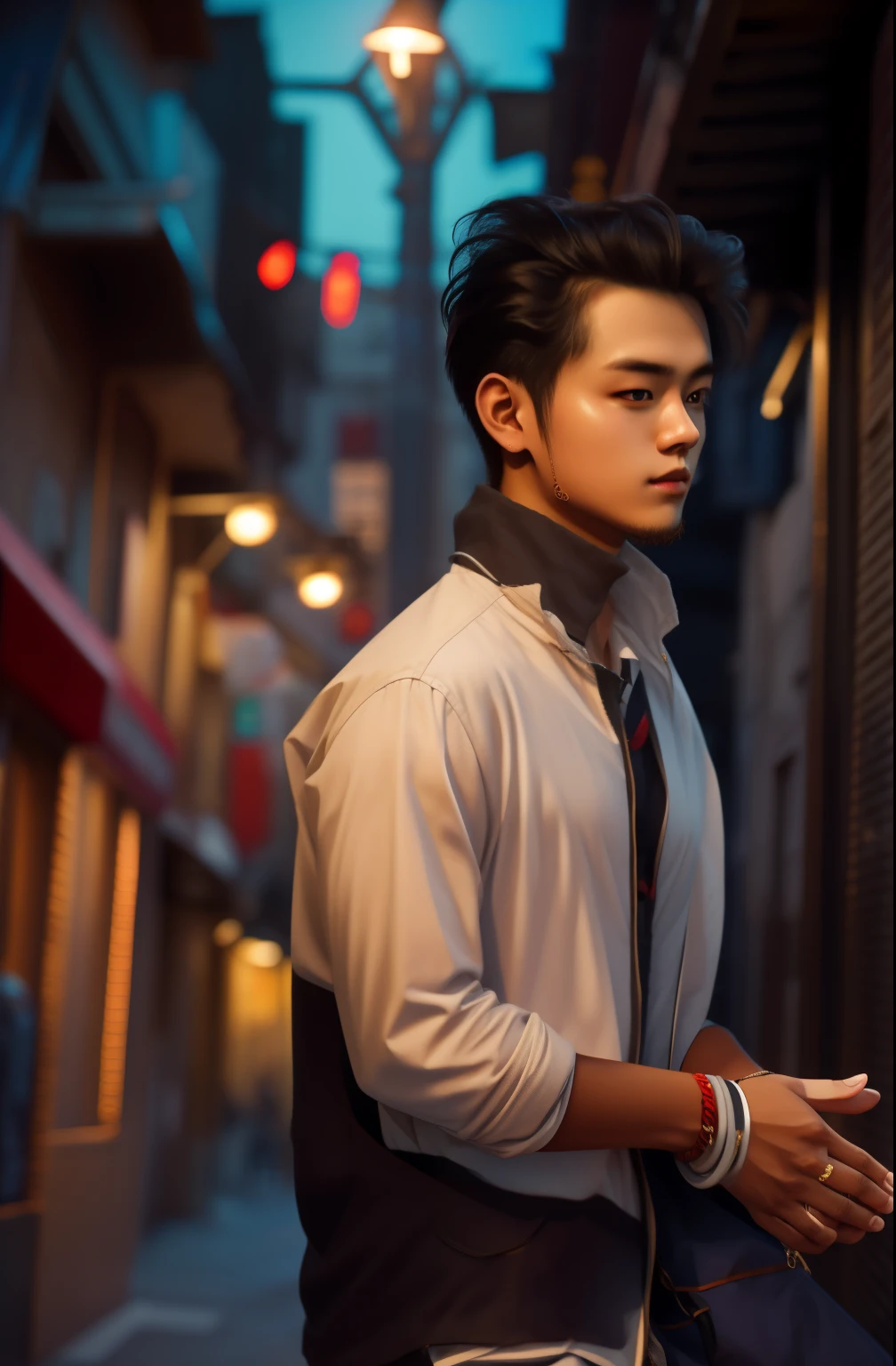 RAW photo, a portrait photo of 21 y.o man in casual clothes, night, city street, (high detailed skin:1.2), 8k uhd, dslr, soft lighting, high quality, film grain, Fujifilm XT3
