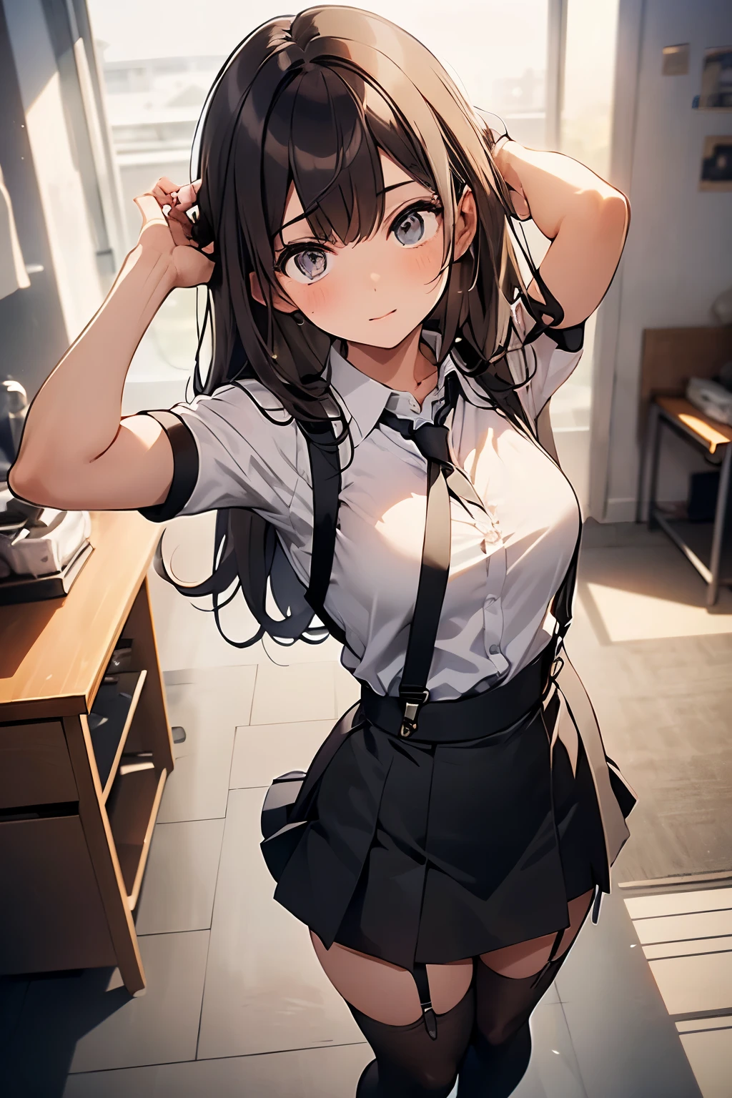 brown hair、looking at the viewer　　suspenders　　　Bulging big breasts　　 　 　　　　Black miniskirt　garter belt　knee high socks　　　　　　Gaze　　　small face　bangs 　　　　　Beauty　　hands up　　 　Gaze 　black boots 　provocation　　armpit sweat　one person 　　put your hands behind your back　cutter shirt　　Panty shot　ginka