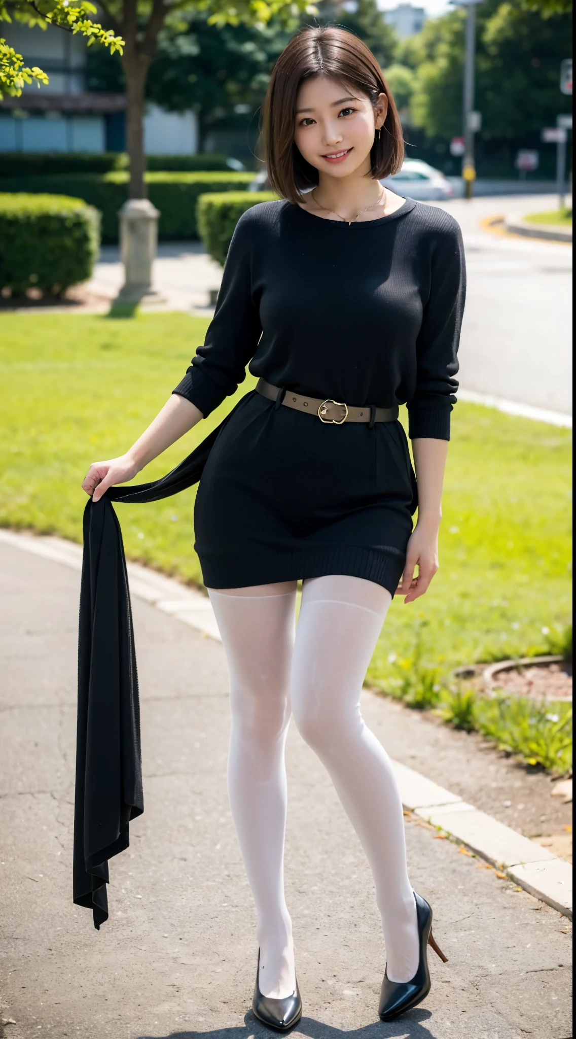 ulzzang-6500-v1.1, (RAW photo:1.2), (Photoreal), beautiful details, (genuine: 1.4), A naive 33 year old wife、(Wearing a knit dress that clearly shows off your body line)、(super realistic pantyhose:1.3)、thighs thighs thighs、squatting in the park、Height 156 cm, A little chubby body type、japanese model, short layered hair、laughter、smile、japanese girl, neat japanese woman, japanese goddess, innocence、huge file size, High resolution, very detailed, highest quality, [masterpiece:1.6], enlightenment, very detailed, nffsw, finely, highest quality, 8k wallpaper, movie lighting,  cute droopy eyes beautiful big eyes、((muste piece)), highest quality, 1 milf, eye shadow, portrait, (((full body shot:1.3)))、((とても愛情深いsmile:1.2))、((very long legs:1.3)),(elegant brown hair:1.4)),((Short hairstyle:1.4)), 　shiny skin、exposed thighs!!!、