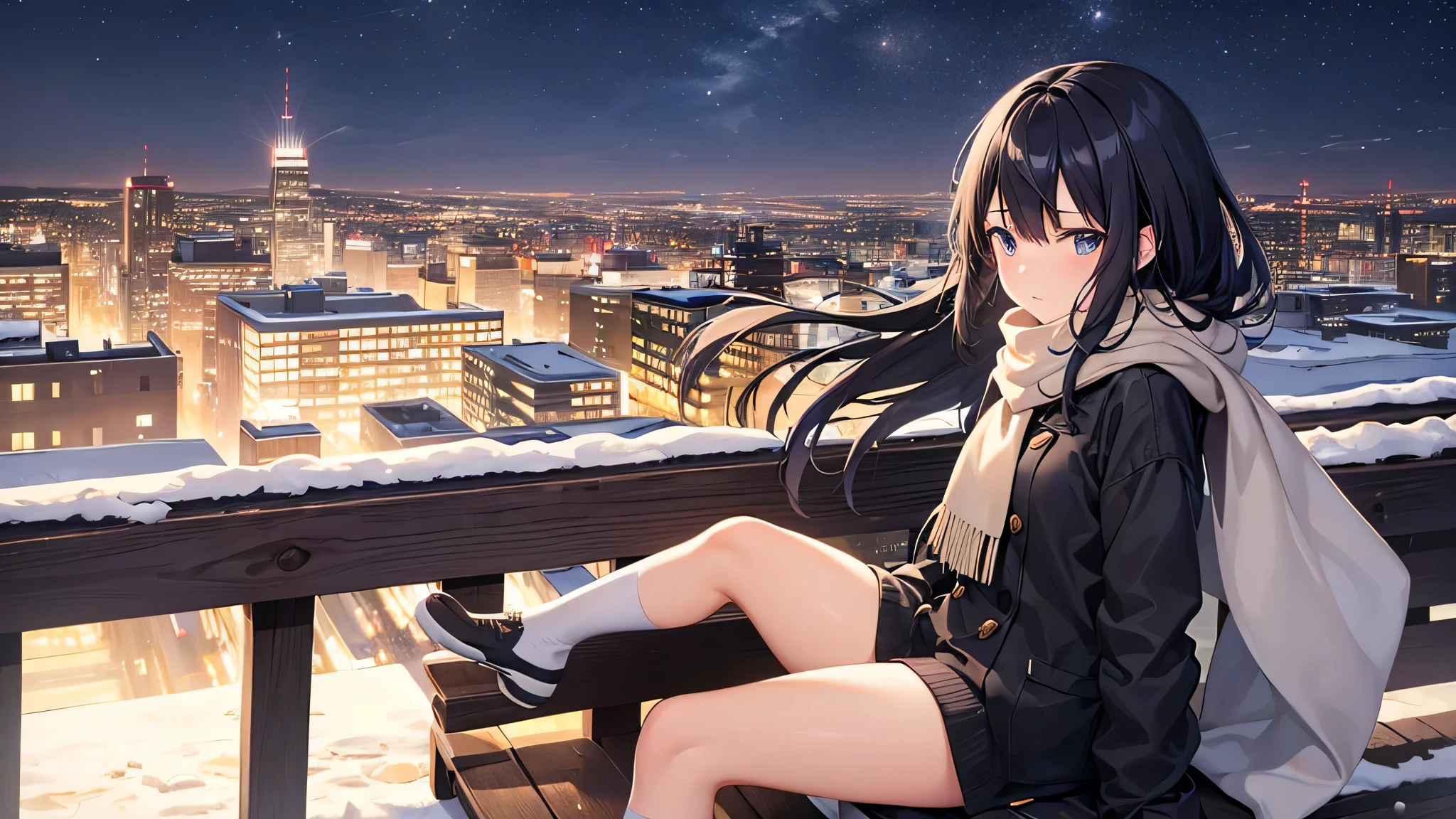 Create a widescreen image of an anime girl on a winter cityscape at night. The character has long black hair、wearing modern clothes。, Casual clothing with a warm scarf. She is sitting on a bench, Gazing at the city lights with a meditative expression. Snowflakes fall softly around her. under the starry sky、City lights twinkle in the distance. The atmosphere is calm and peaceful, Capturing the quiet beauty of a snowy city night.