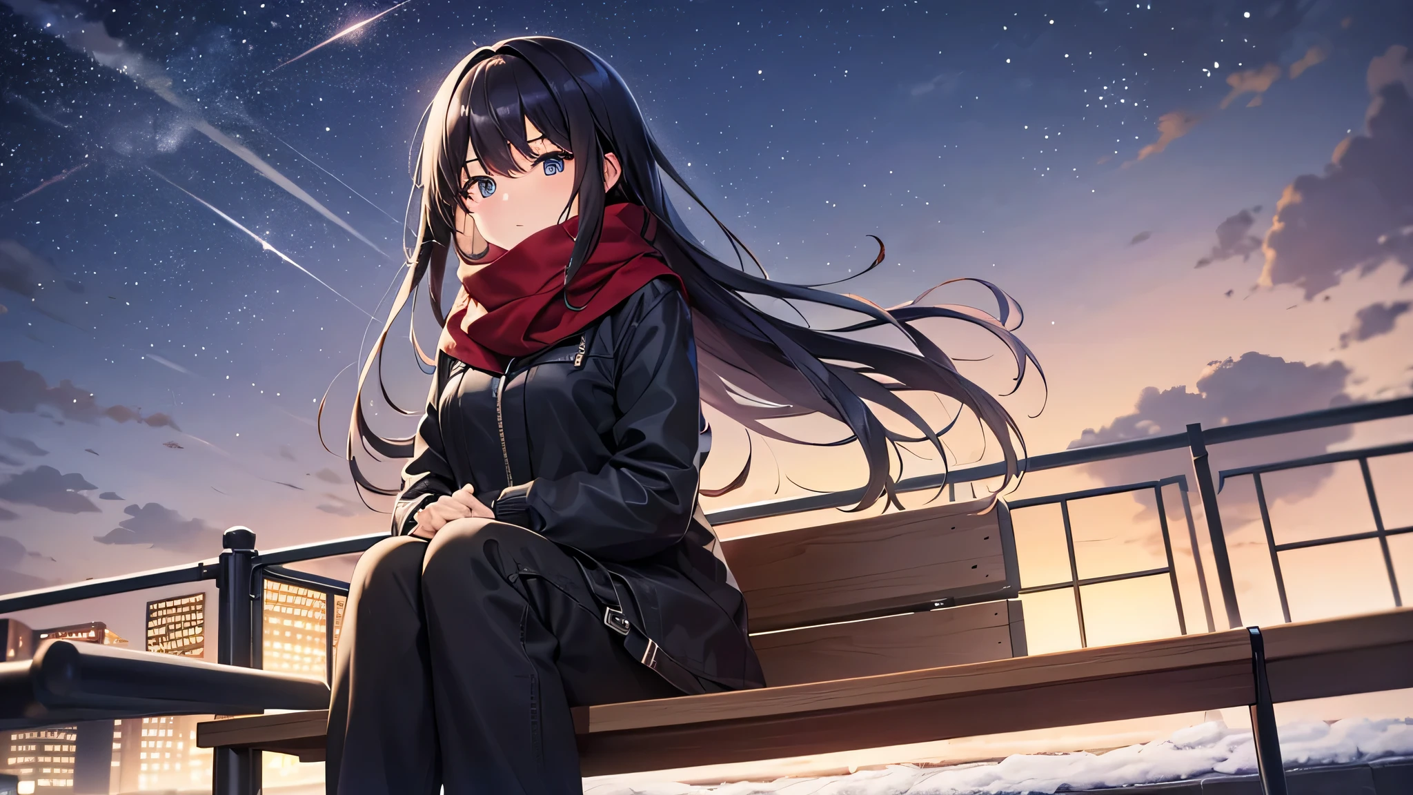 Create a widescreen image of an anime girl on a winter cityscape at night. The character has long black hair、wearing modern clothes。, Casual clothing with a warm scarf. She is sitting on a bench, Gazing at the city lights with a meditative expression. Snowflakes fall softly around her. under the starry sky、City lights twinkle in the distance. The atmosphere is calm and peaceful, Capturing the quiet beauty of a snowy city night.