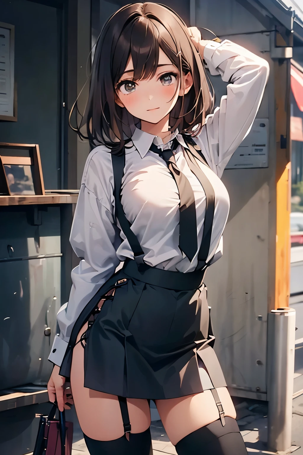 brown hair、looking at the viewer suspenders Bulging big breasts Black miniskirt garter belt knee high socks Gaze small face bangs Beauty hands up Gaze black boots provocation armpit sweat one person put your hands behind your back cutter shirt Panty shot ginka