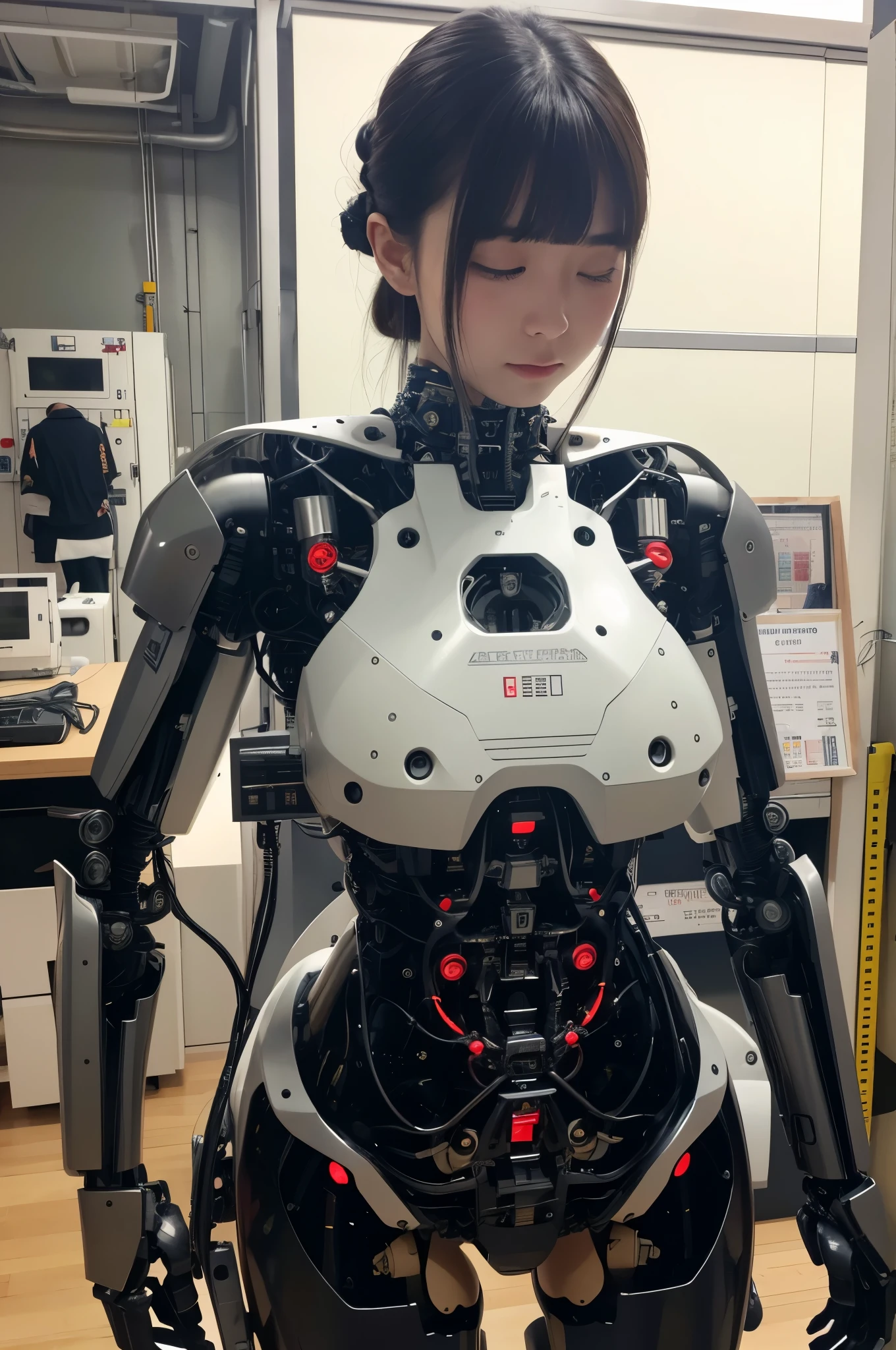 masterpiece, best quality, extremely detailed, Japaese android girl,Plump , control panels,android,Droid,Mechanical Hand, Robot arms and legs,Blunt bangs,long tube,thick cable connected her neck,（robot-assembly plant:1.4）,She is assembling now,（assembly scene:1.5）,（sleep mode:1.5）