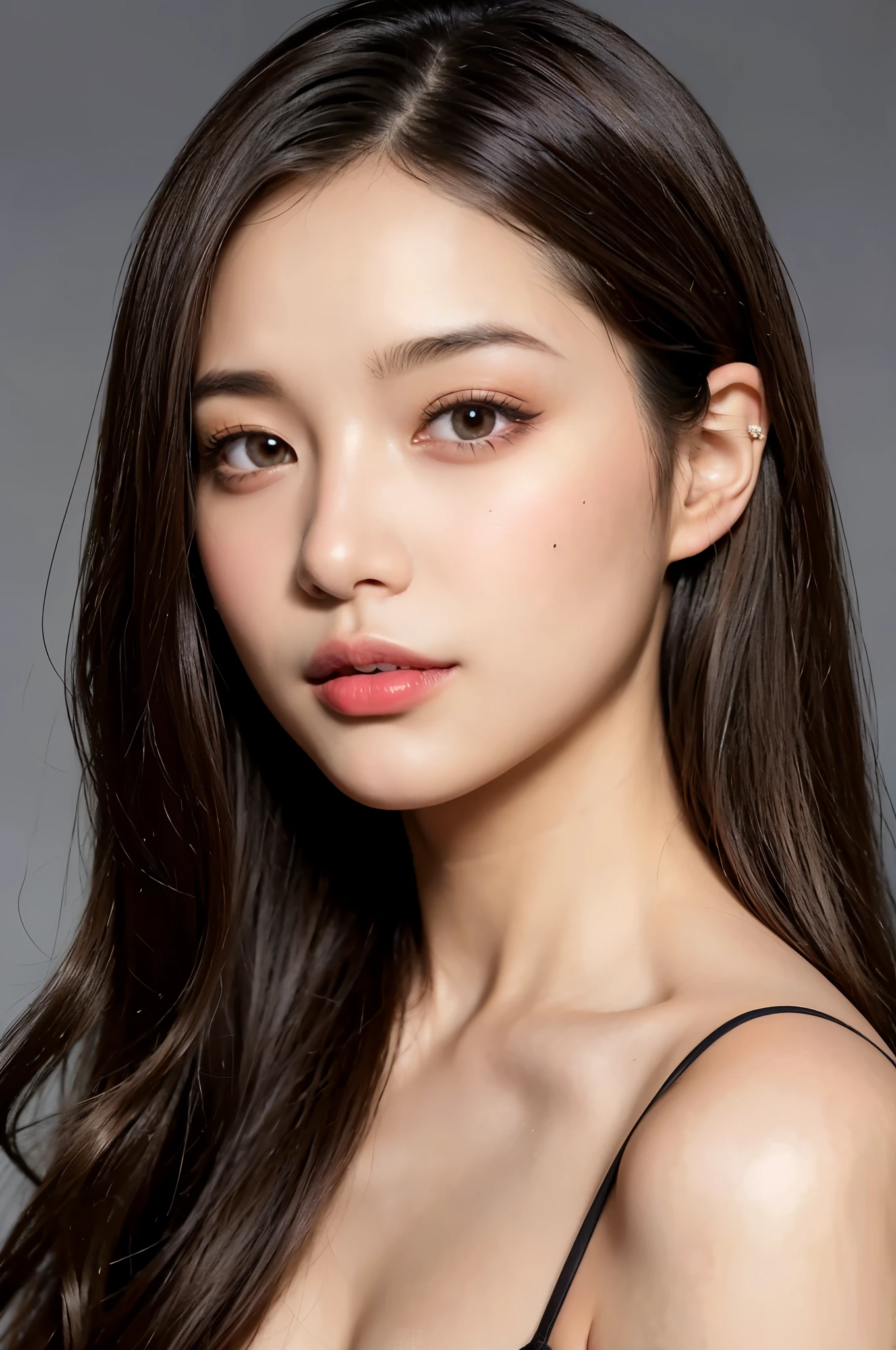 Young woman,
Eyes dark brown,
 Skin even and light complexion,
high cheekbones,
Dark eyelashes,
Natural makeup around the eyes,
Eyebrows are well groomed and naturally arched,
Lips lightly peaked toward the center,
 pink lipstick,
 Straight nose with rounded nasal tip,
Medium brown hair color,
     Her hair is softly wavy, shoulder-length,
    shoulder-length hair,
    hair ends with a light layer of movement,
    No bangs, hair parted to the side,
    Natural volume, not heavy,
     Hair texture is silky,
    Hair has a healthy sheen,
   Hair is relatively straight from the roots to the middle,
     Waves become stronger toward the ends of the hair