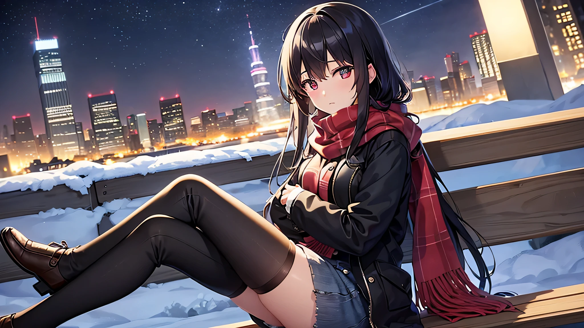 high-definition images, atmospheric perspective, 8k, super detail, accurate, best quality, (various composition), a woman, (winter clothes, jacket, skirt), (shy), looking away, (drooping eyes), spread her legs, crouching, smile, sweat, (dark hour of down, sunset), boots, downtown area), super detailed panties, (((her long-skirt lining between her legs))), long hair, eyes realistic sizing, hair up, 