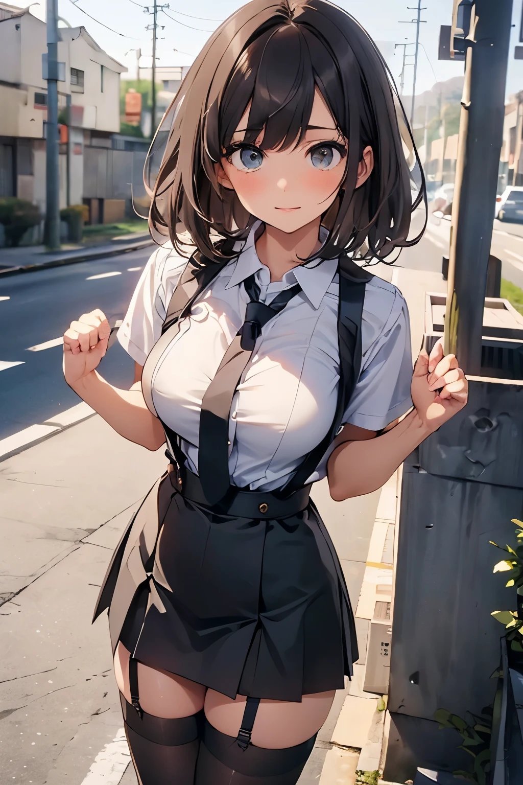 brown hair、looking at the viewer suspenders Bulging big breasts Black miniskirt garter belt knee high socks Gaze small face bangs Beauty hands up Gaze black boots provocation armpit sweat one person put your hands behind your back cutter shirt Panty shot ginka