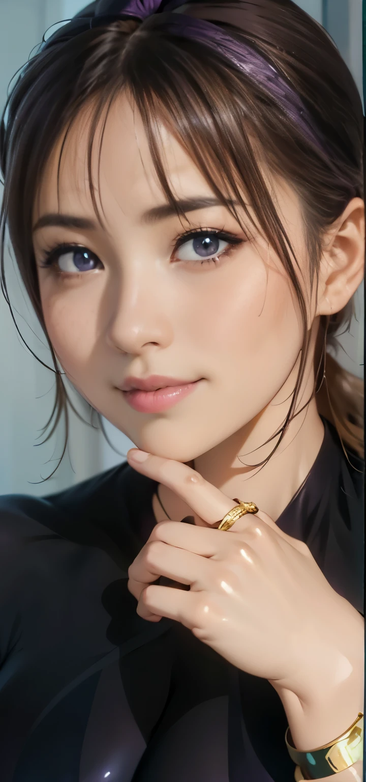 NSFW、(4K、highest quality)、(realistic、Photoreal)、(Yakian)、
1 girl、一人in、whole body、(face to viewer)、
perfect hands、look up_in_viewer、
white shirt、
部屋の中in、evening、Indoor swimming pool in a luxury hotel with sunset view、detailed face、a little chubby、best smile、light brown half up hair,(huge breasts, cleavage:1.2),(Shiny purple patterned micro bikini:1.3), (camel toe),35 years old、Nogizaka idol、actress、korean idol、fiery idol pose,put your arms behind your back,raise both arms,(Aside)