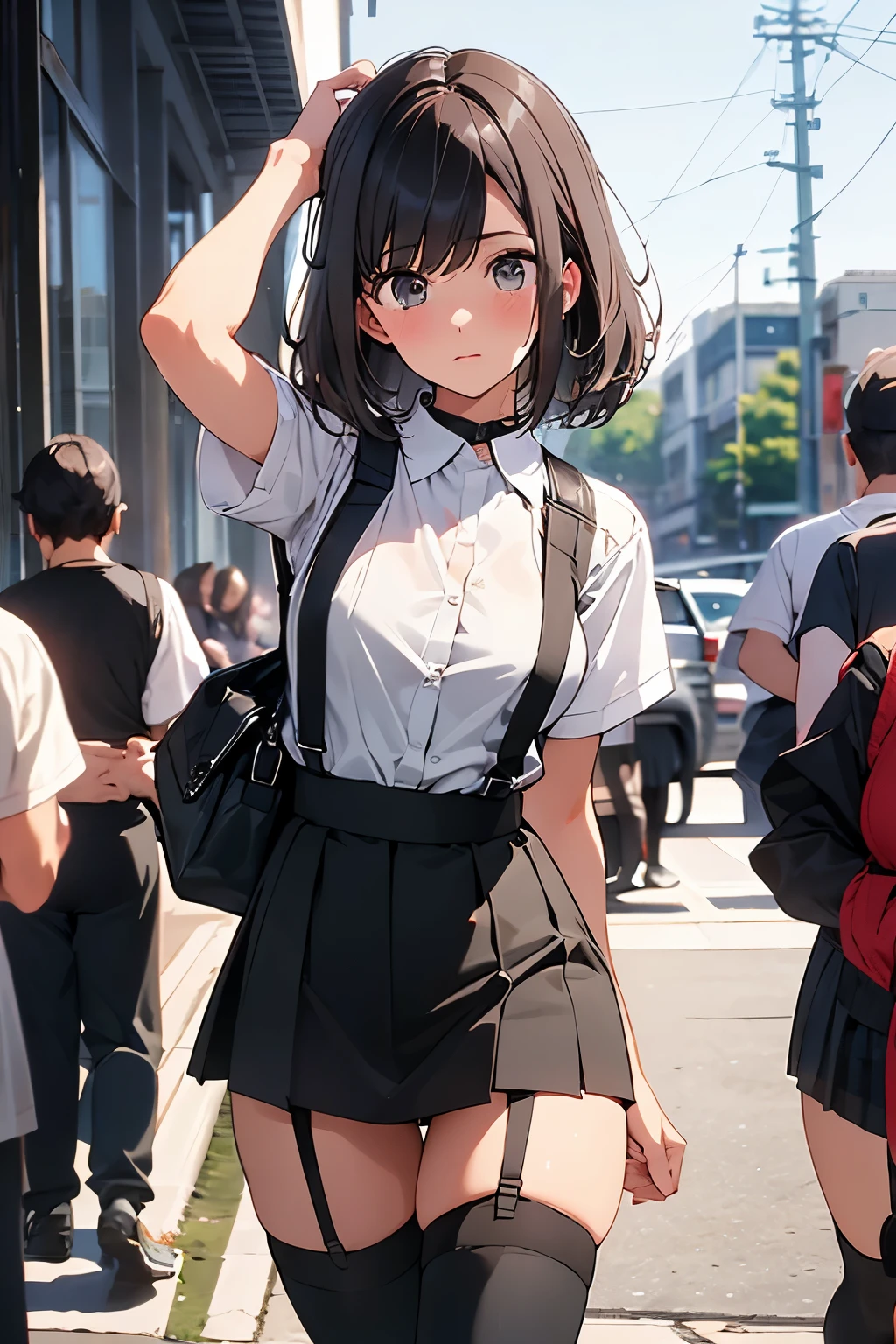 brown hair、looking at the viewer　　suspenders　　　Bulging big breasts　　 　 　　　　Black miniskirt　garter belt　knee high socks　　　　　　Gaze　　　small face　bangs 　　　　　Beauty　　hands up　　 　Gaze 　black boots 　provocation　　armpit sweat　one person 　　put your hands behind your back　cutter shirt　　Panty shot　ginka