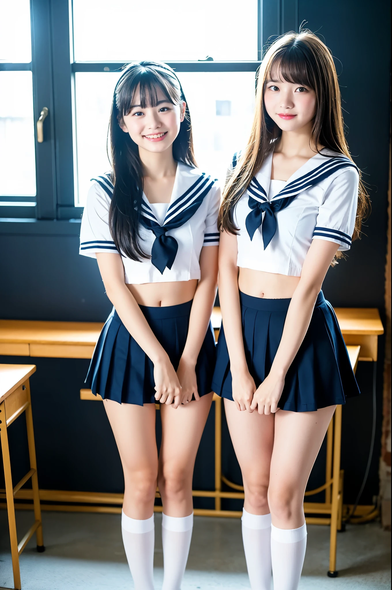 2 girls standing in classroom near window,white sailor shirt,navy blue bikini bottom,over-the-knee socks,18-year-old,bangs,a little smile,thighs,knees,straight hair with barrette,from below,front-light