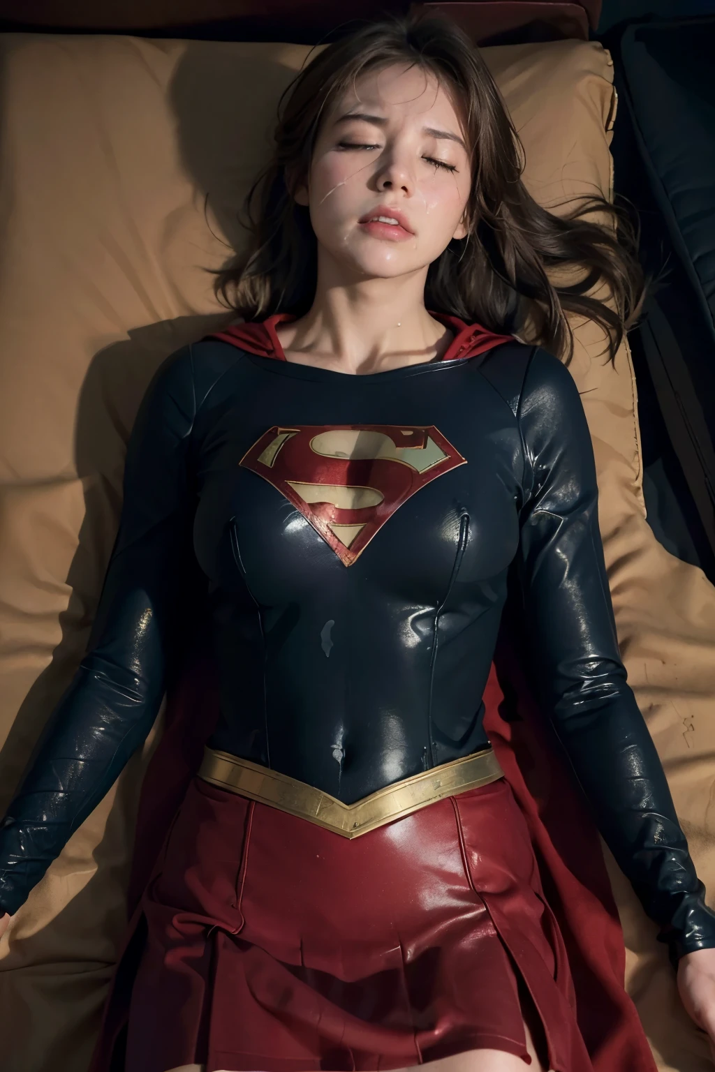 8k, best quality, real picture, intricate details, ultra-detailed, ultra highres, depth field,(photorealistic,realistic:1.2), masterpiece, photo of 1girl, Supergirl, superhero, arms on hips, realistic, red cape, bodysuit, red skirt, red boots, pantyhose, blonde hair, lips, long hair, solo, ruined city background, Nikon d850, film stock, photograph 4 kodak Portra 400 camera f1.6 lens, rich colors, hyper realistic, lifelike texture, dramatic lighting, unreal engine, trending on artstation, cinestill 800,  (lying on back:1.9), (close eyes:1.6), (unconsciousness:1.9), (painful), (defeated from fighting), (semen on face:1.2), (semen on body:1.4), (semen on skirt:1.5),