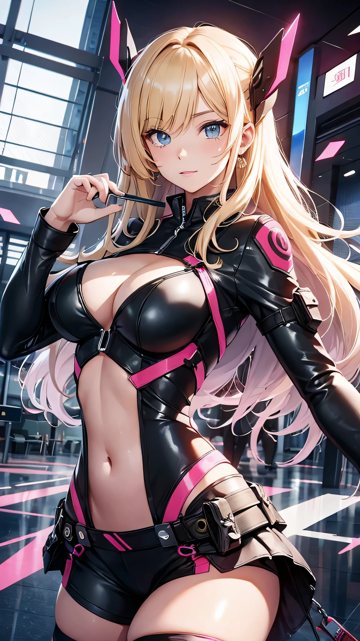 最high quality、best image quality、masterpiece、age girl((20-year-old、 By becoming、vest bust、medium bust,wide open breast tea、black eye, blonde hair、long hair、thin,highest valley、glowing battle uniform、dynamic movement、fighting pose、Feeling of sprinting)),high quality、beautiful art、background((In the airport))、debris flies、Depth of written boundary、movie、visual art、perfect art、8K,genuine