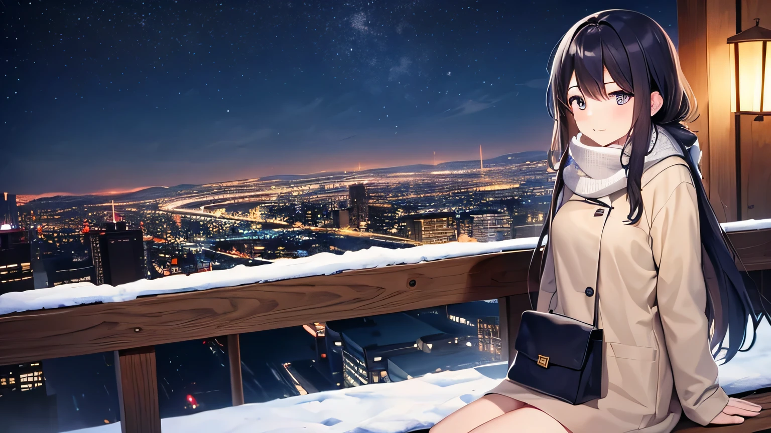 Create a widescreen image of an anime girl on a winter cityscape at night. The character has long black hair、wearing modern clothes。, Casual clothing with a warm scarf. She is sitting on a bench, Gazing at the city lights with a meditative expression. Snowflakes fall softly around her. under the starry sky、City lights twinkle in the distance. The atmosphere is calm and peaceful, Capturing the quiet beauty of a snowy city night.