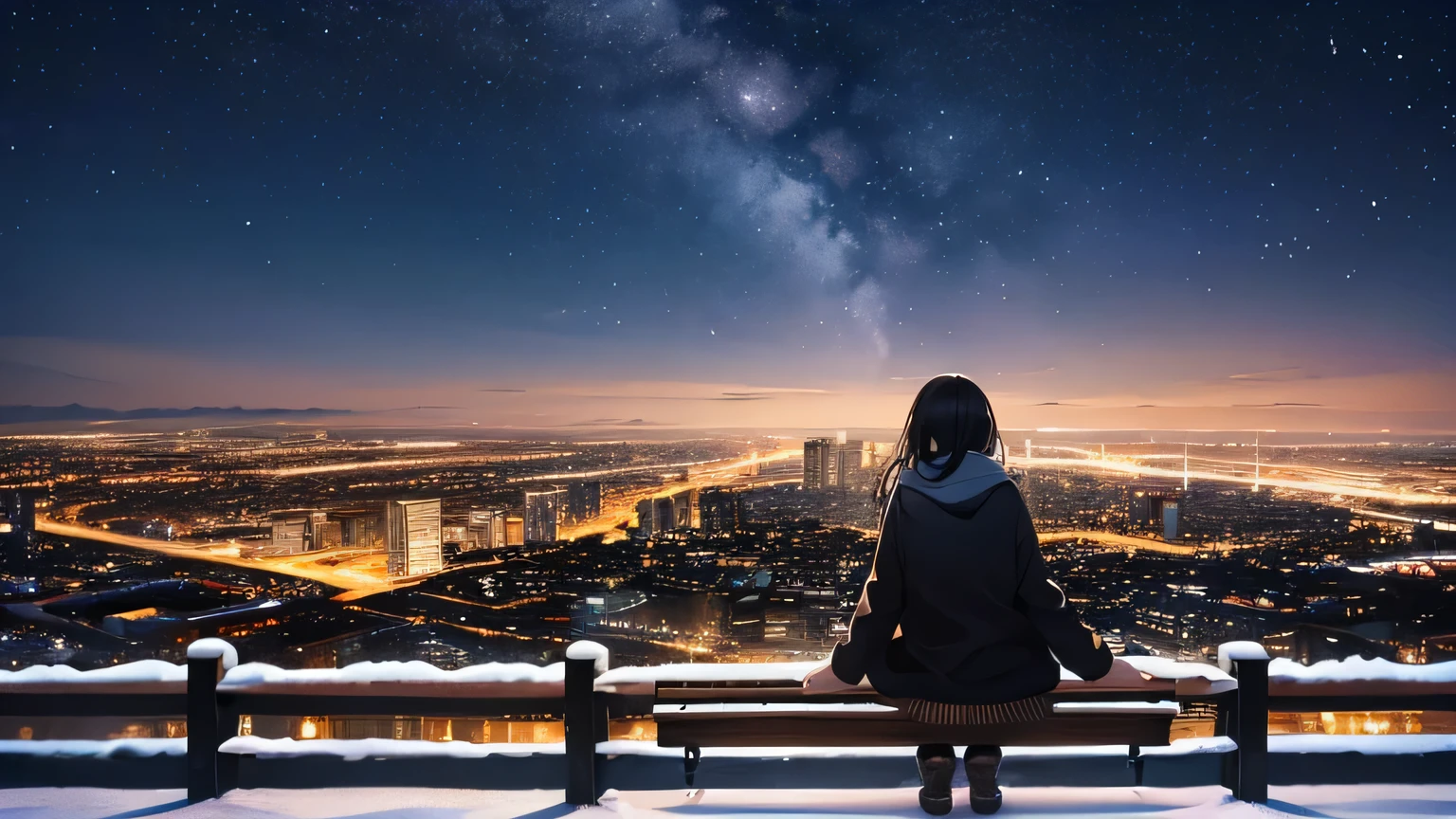 Create a widescreen image of an anime girl on a winter cityscape at night. The character has long black hair、wearing modern clothes。, Casual clothing with a warm scarf. She is sitting on a bench, Gazing at the city lights with a meditative expression. Snowflakes fall softly around her. under the starry sky、City lights twinkle in the distance. The atmosphere is calm and peaceful, Capturing the quiet beauty of a snowy city night.