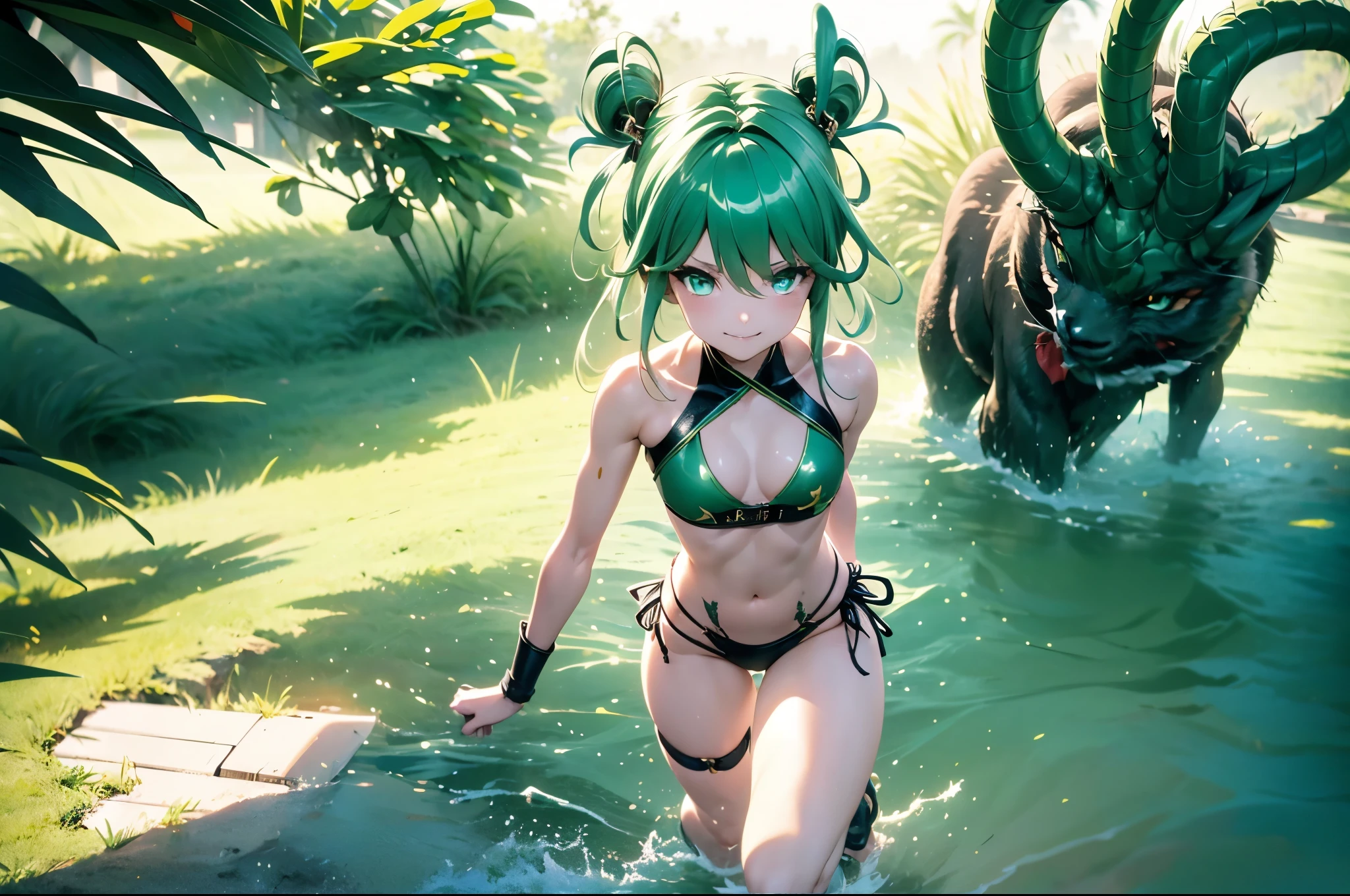 Attack style, holding fan, In place of the dragon statue, Small smile expression, jumping, beautiful eyes, perfect face, full body, artwork, green eyes, (((wearing a very sexy bikini))), ( shapely legs), eye reflection, glowing eyes, anime style, Cinematic lighting, ray tracing, canon, Ultra HD, artwork, 8k