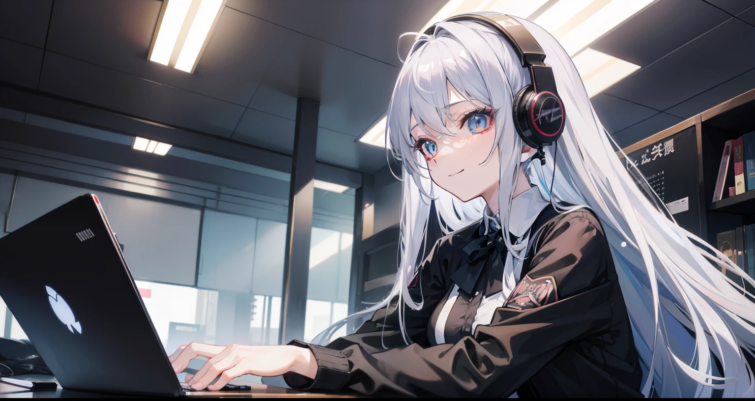 Anime girl wearing headphones sitting at laptop table, business suit:1.3、silver hair、semi long hair、praise-girl, a smile、praise artstyle, praise art, compliment vibes, praise feeling, adult lady、25 years old、praise hip hop, black tie, Relax, Compliment girl aesthetic, praise portrait, Lofe Vibe, praise color, anime atmosphere, The aesthetics of the 称赞