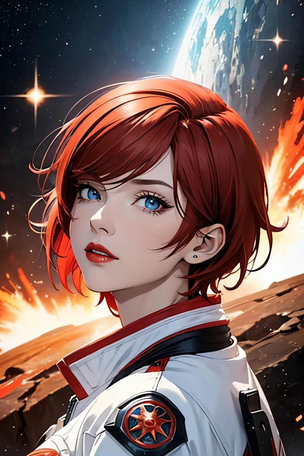 Best Quality, Masterpiece, Ultra-Detailed, 1woman, solo, mature woman, adult woman, tomboy woman, red hair, very short hair, vivid red hair, orange eyes, blue eyes, white clothes, white jacket, red lipstick, looking at the viewer, action shot, space background