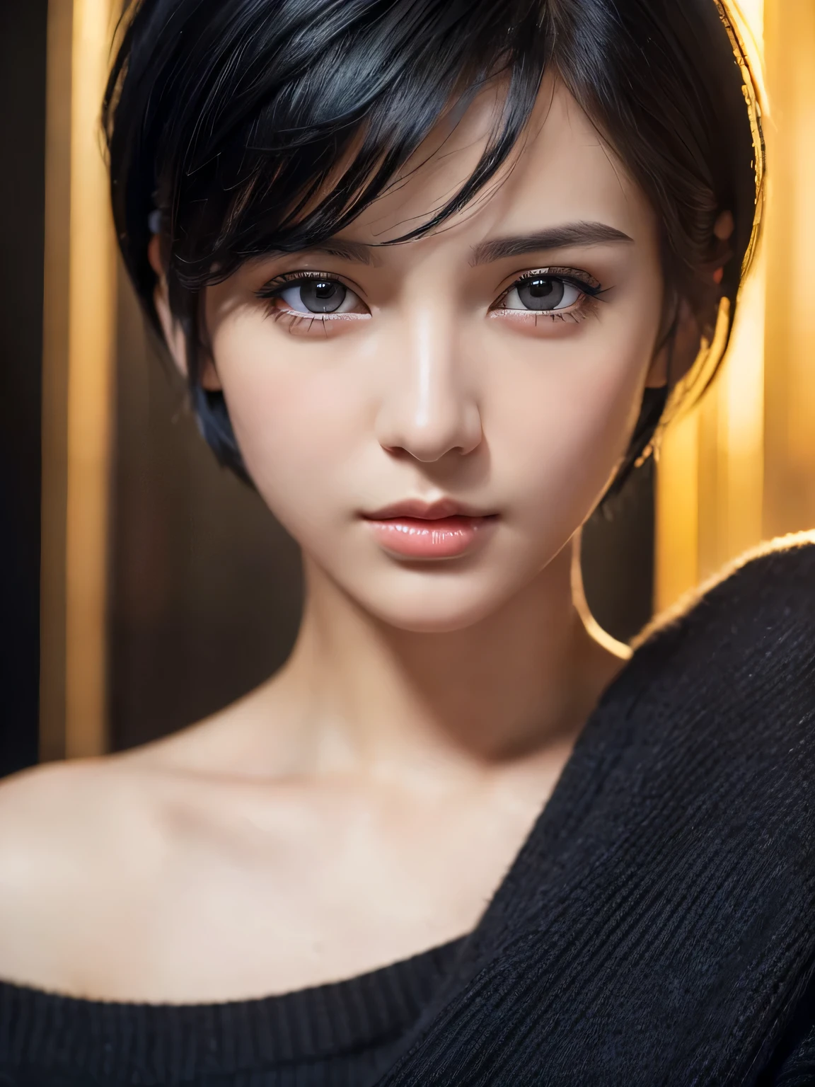 (masterpiece:1.3), (8K, realistic, RAW photo, highest quality: 1.4), (1 girl), beautiful face, (realistic face), (black hair, short hair:1.3), beautiful hairstyle, realistic eyes, beautiful and detailed eyes, (realistic skin), beautiful skin, (sweater), confused, charm, ultra high resolution, 超realistic, very detailed, golden ratio