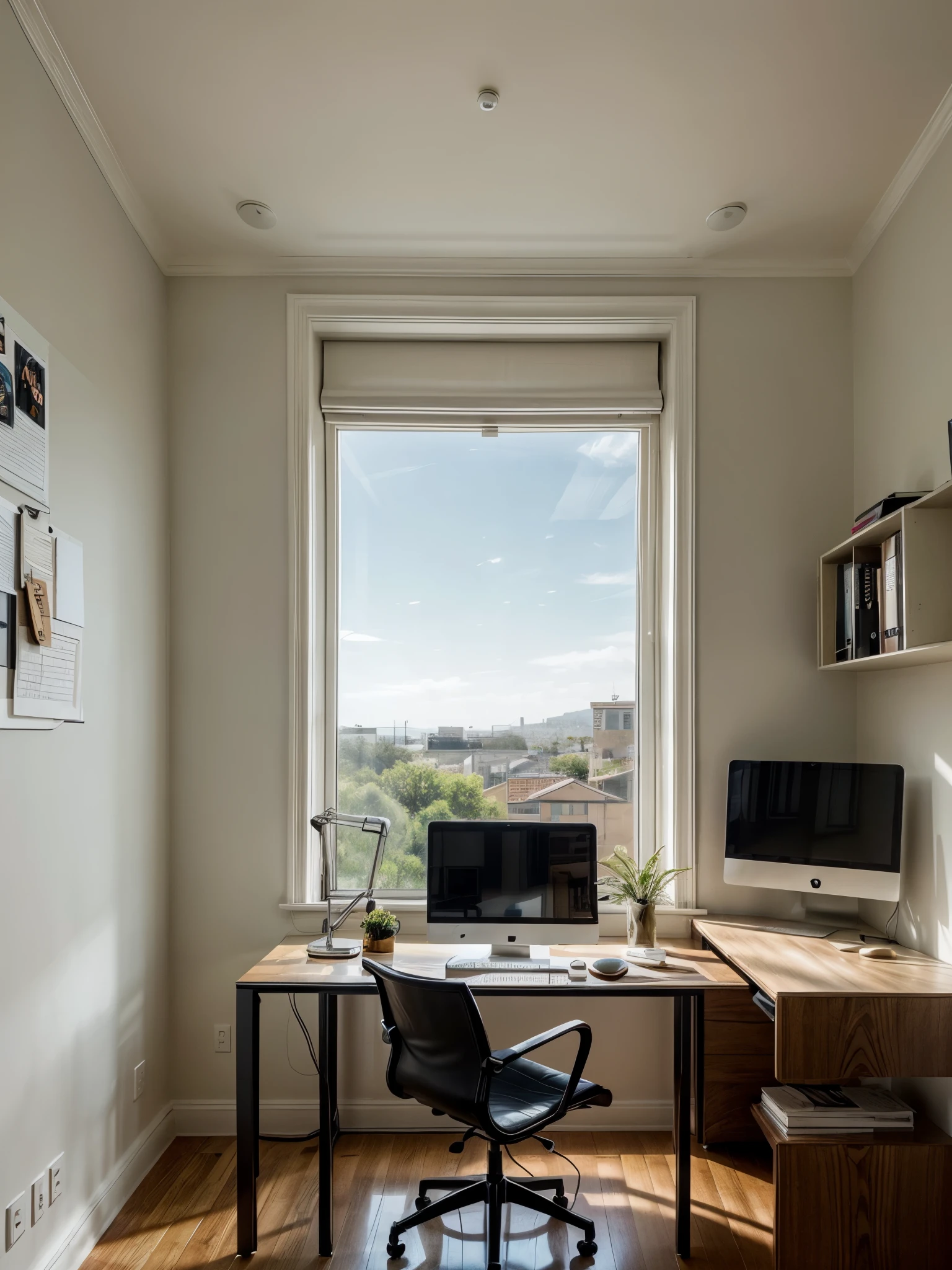 A Home Office with a (contemporary) mood in the style of (Minimalist) interior design with a view.
