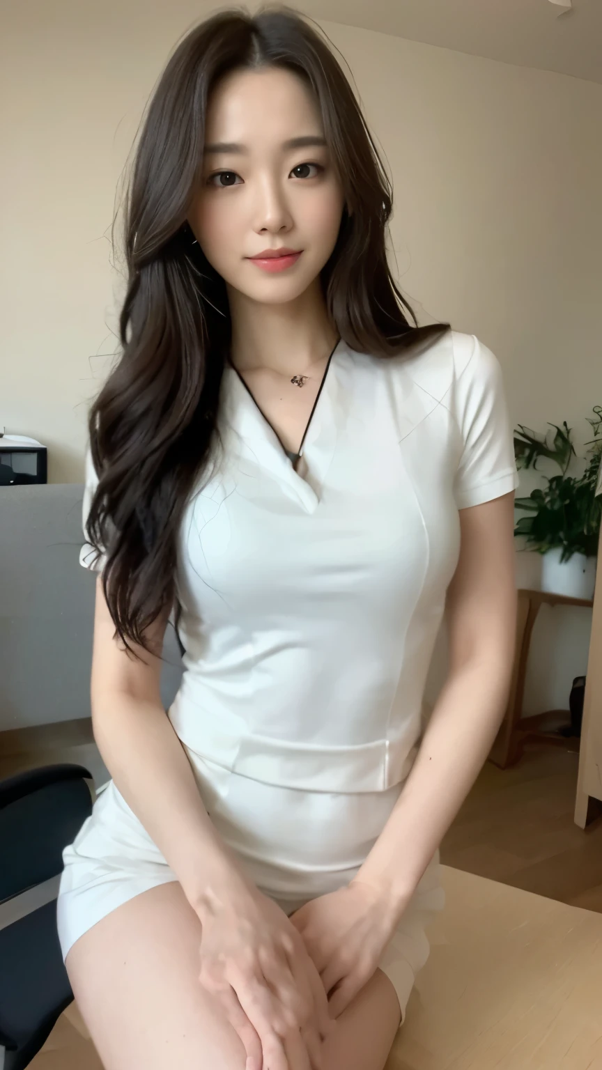 ((top-quality、8k、masterpiece:1.3))、Beautiful woman with perfect body:1.4、slim abdomen:1.2、Longhair, normal breast, Highly detailed facial and skin texture, A detailed eye, delicate eyes, double eyelid, (smile), (full body shot), ((office room)), (sitting on chair), (((wearing white uniform 1.1))), looking in front