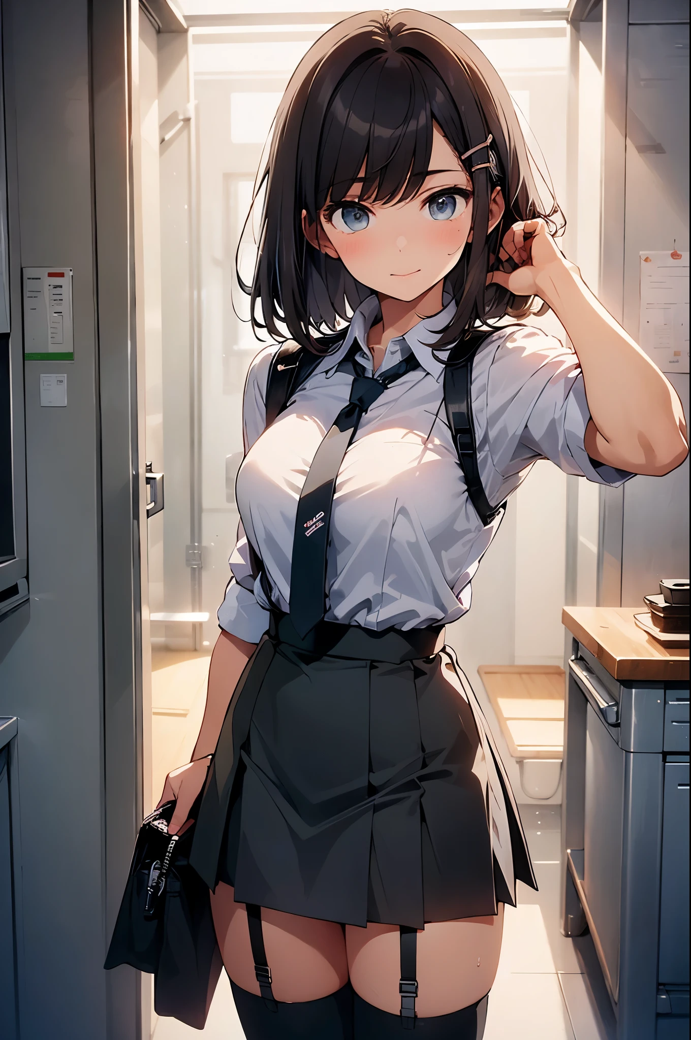 brown hair、looking at the viewer　　suspenders　　　Bulging big breasts　　 　 　　　　Black miniskirt　garter belt　knee high socks　　　　　　Gaze　　　small face　bangs 　　　　　Beauty　　hands up　　 　Gaze 　black boots 　provocation　　armpit sweat　one person 　　put your hands behind your back　cutter shirt　　Panty shot　ginka