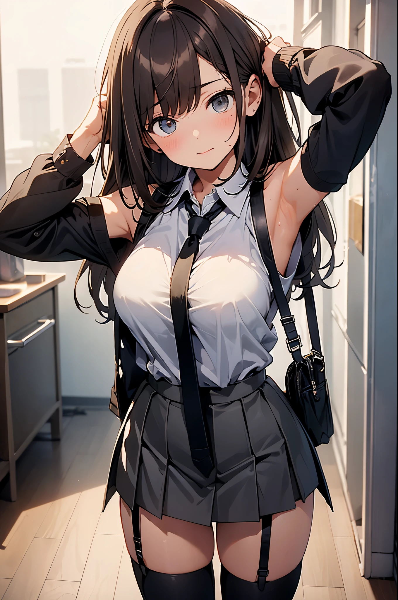 brown hair、looking at the viewer　　suspenders　　　Bulging big breasts　　 　 　　　　Black miniskirt　garter belt　knee high socks　　　　　　Gaze　　　small face　bangs 　　　　　Beauty　　hands up　　 　Gaze 　black boots 　provocation　　armpit sweat　one person 　　put your hands behind your back　cutter shirt　　Panty shot　ginka