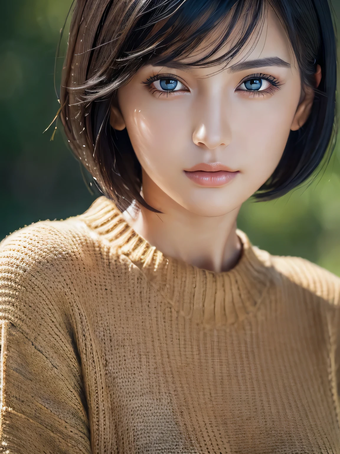 (masterpiece:1.3), (8K, realistic, RAW photo, highest quality: 1.4), (1 girl), beautiful face, (realistic face), (black hair, short hair:1.3), beautiful hairstyle, realistic eyes, beautiful and detailed eyes, (realistic skin), beautiful skin, (sweater), confused, charm, ultra high resolution, 超realistic, very detailed, golden ratio