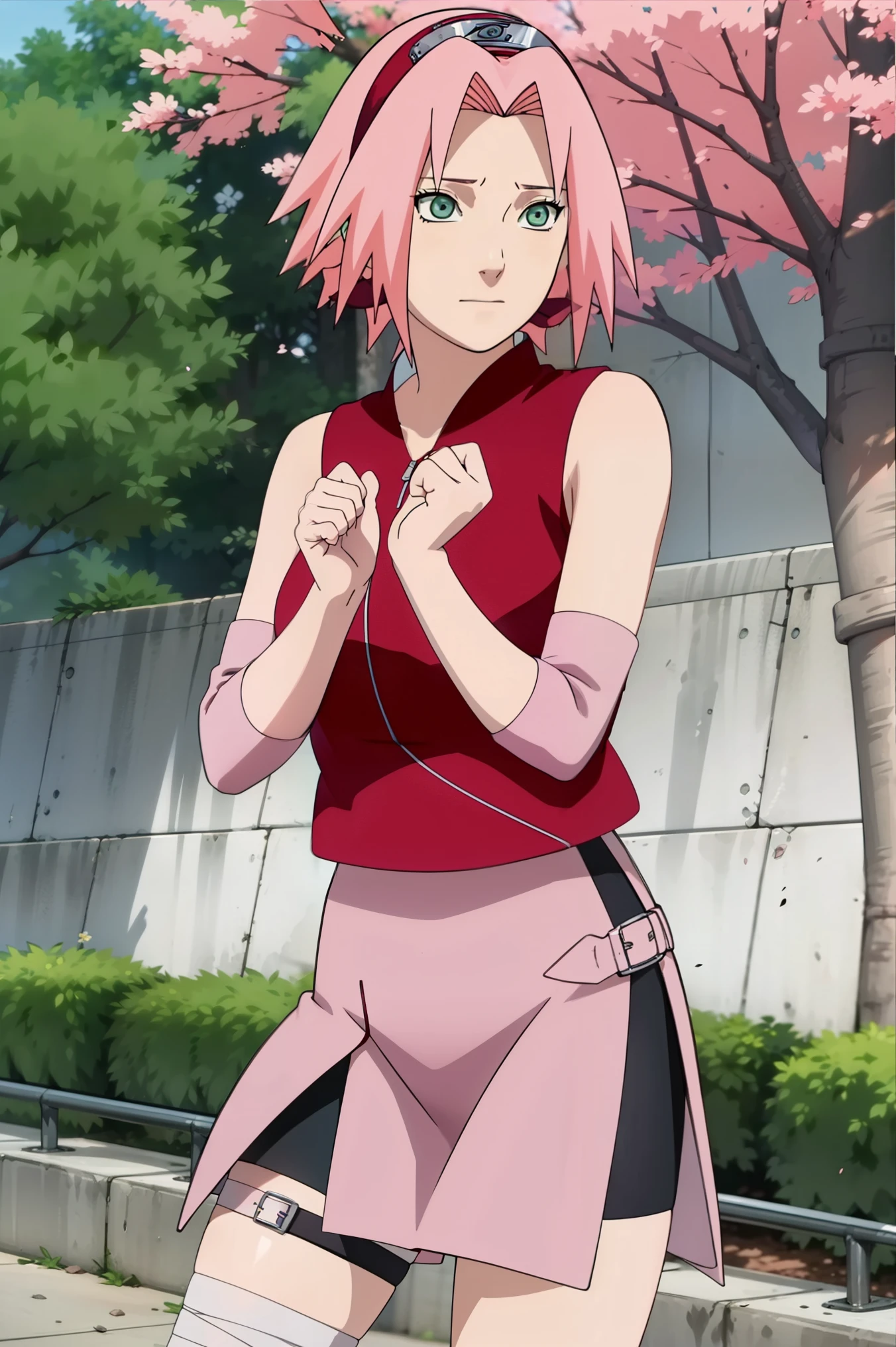 High-quality, ultra-detailed, realistic artwork of a scene from "Sakura Shippuden" with vivid colors, perfect for 4K or 8K resolutions. The scene depicts Sakura Haruno, a young woman, standing gracefully in a garden surrounded by blooming sakura (cherry blossom) trees. She is wearing a red jacket embroidered with the symbol of Konohagakure, the Hidden Leaf Village. Her leg is bandaged, indicating a recent injury. Sakura is wearing a short skirt and toeless footwear, emphasizing her femininity and agility. Sakura has shoulder-length bangs that softly frame her face, revealing her beautiful, green eyes. Her face is adorned with a forehead protector, which bears the Konohagakure symbol, signifying her allegiance to her village. The artwork showcases Sakura's attention to detail, including her long eyelashes, detailed lips, and delicate features, capturing her determination and inner strength. The lighting in the scene is soft and warm, casting a gentle glow on the petals of the sakura blossoms. The vibrant colors of the cherry blossoms contrast against Sakura's black short sleeves and gloves, adding depth to the composition. The overall color scheme leans towards pastel tones, enhancing the serene and tranquil atmosphere of the garden. This masterpiece artwork aims to capture the essence of Sakura Haruno's character, portraying her as a confident, skilled kunoichi amidst the delicate beauty of the sakura garden. The attention to detail, vibrant colors, and realistic rendering will bring this scene to life, evoking the spirit of "Sakura Shippuden" in a visually stunning
