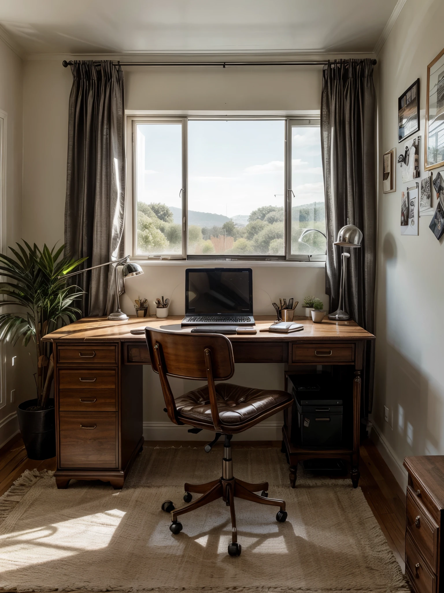 A Home Office with a (vintage) mood in the style of (Eclectic) interior design with a view.
