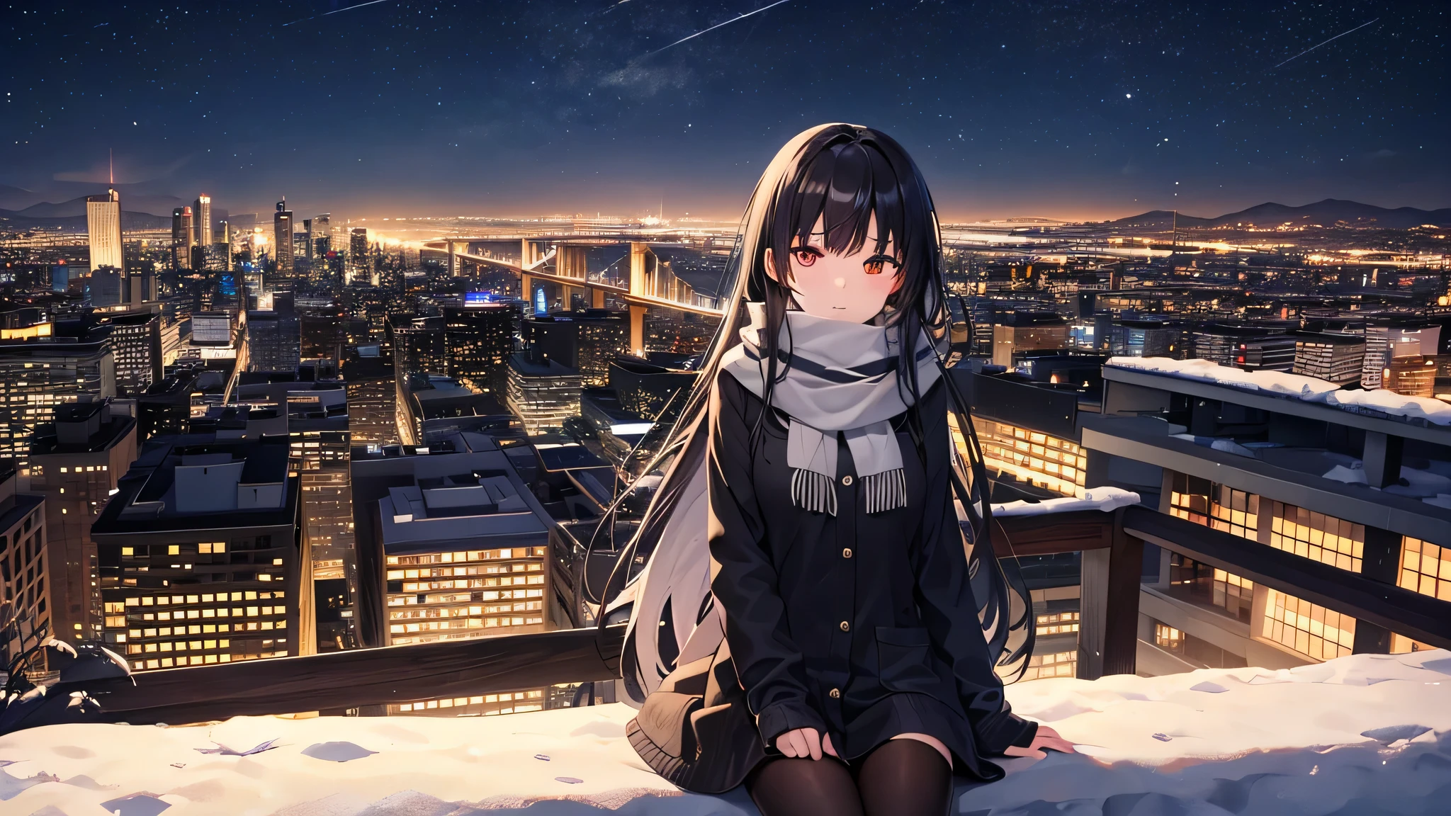 Create a widescreen image of an anime girl on a winter cityscape at night. The character has long black hair、wearing modern clothes。, Casual clothing with a warm scarf. She is sitting on a bench, Gazing at the city lights with a meditative expression. Snowflakes fall softly around her. under the starry sky、City lights twinkle in the distance. The atmosphere is calm and peaceful, Capturing the quiet beauty of a snowy city night.