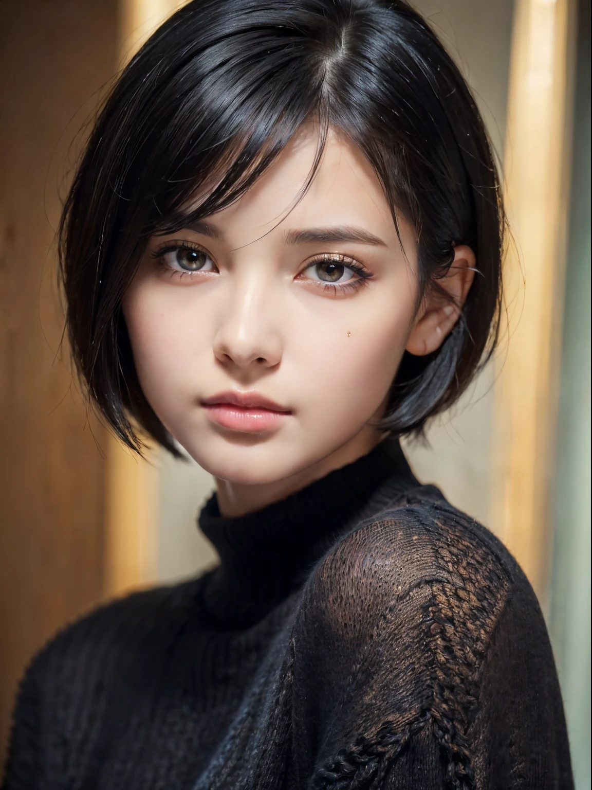 (masterpiece:1.3), (8K, realistic, RAW photo, highest quality: 1.4), (1 girl), beautiful face, (realistic face), (black hair, short hair:1.3), beautiful hairstyle, realistic eyes, beautiful and detailed eyes, (realistic skin), beautiful skin, (sweater), confused, charm, ultra high resolution, 超realistic, very detailed, golden ratio