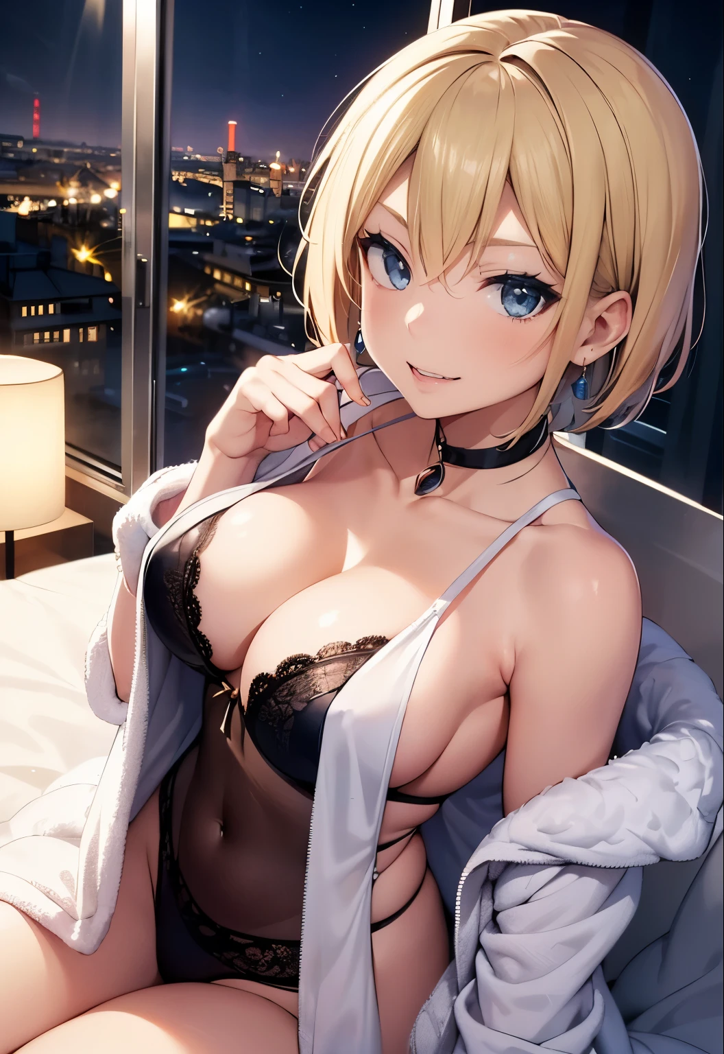 High resolution, 2D anime style,,blue eyes beautiful eyes,high and beautiful nose,Skinny face,blonde boyish short hair,cool woman,beautiful earrings,beautiful clock,Chest is slightly larger,she looks very sleepy,she is smiling a little,biting one's lips,blush,she narrows her eyes, she is biting her nails,Fashion that shows off your stomach,she is wearing a fluffy bathrobe.,,sitting on the bed,bedroom at night,London cityscape